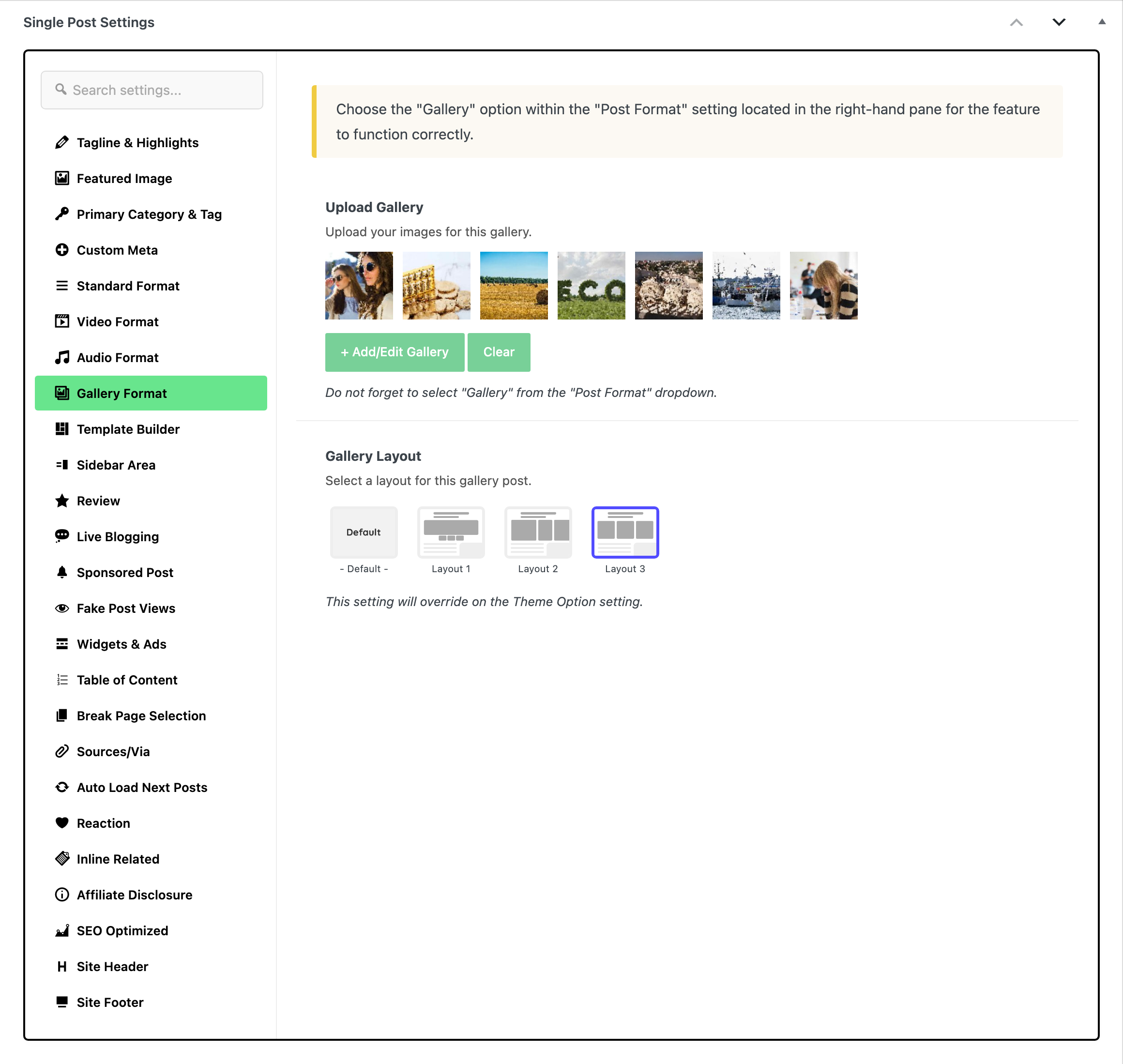 The Single Post Settings box with the Gallery Format tab open: Upload Gallery holding seven images, and Gallery Layout on Layout 3 below it