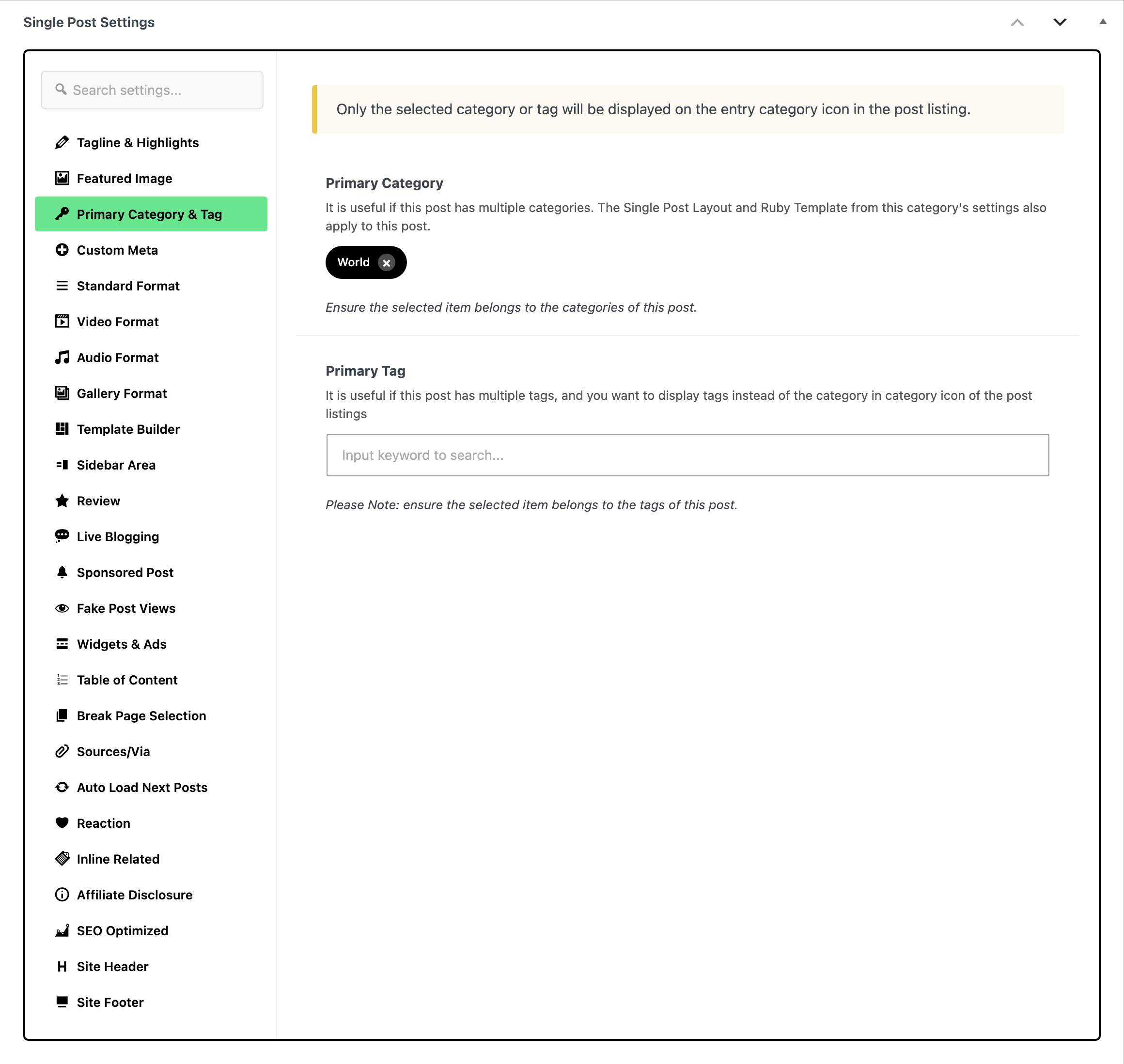 The Single Post Settings box with the Primary Category & Tag tab open: Primary Category set to World, and an empty Primary Tag search box below it
