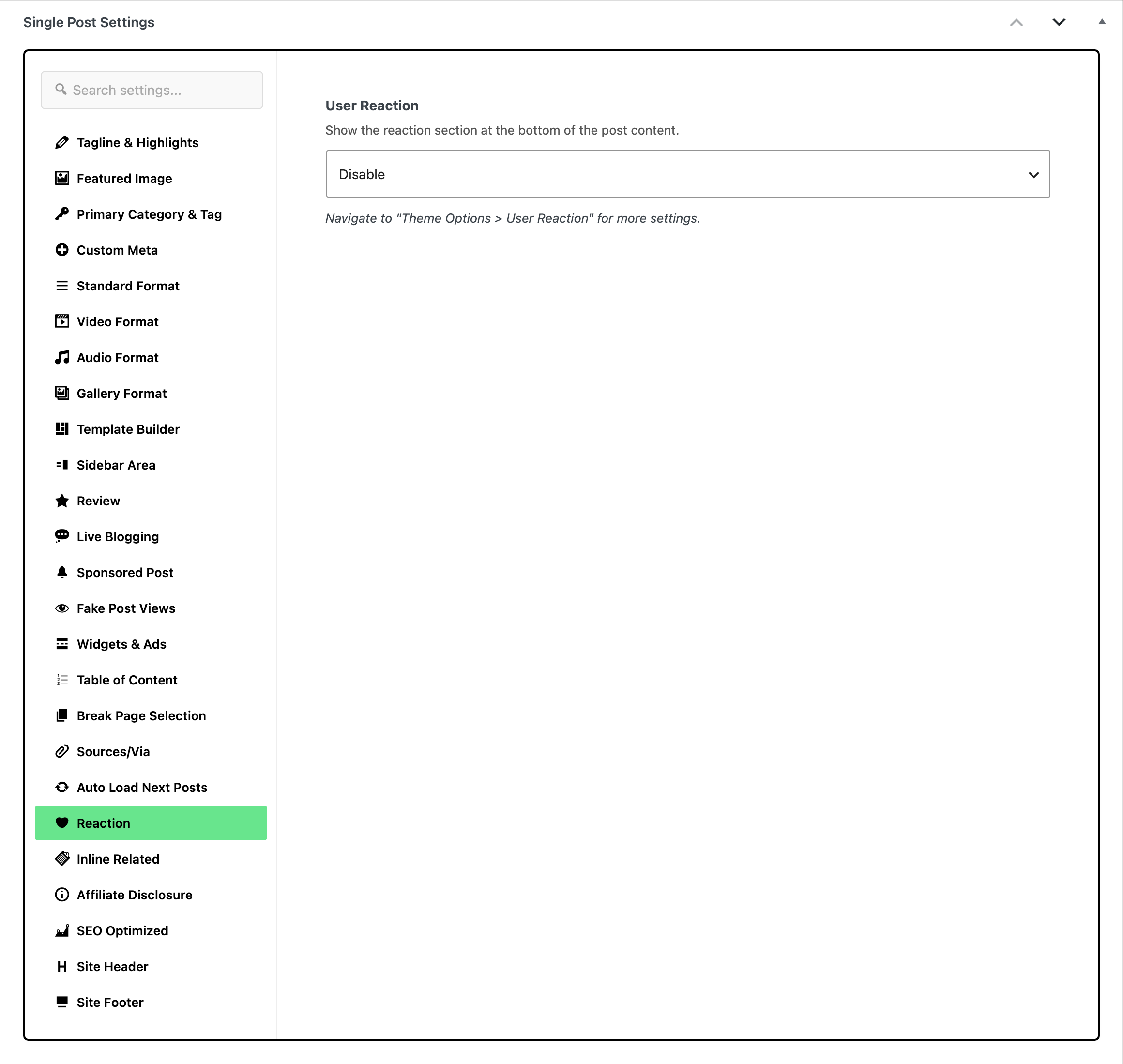The Single Post Settings box with the Reaction tab open and User Reaction set to Disable