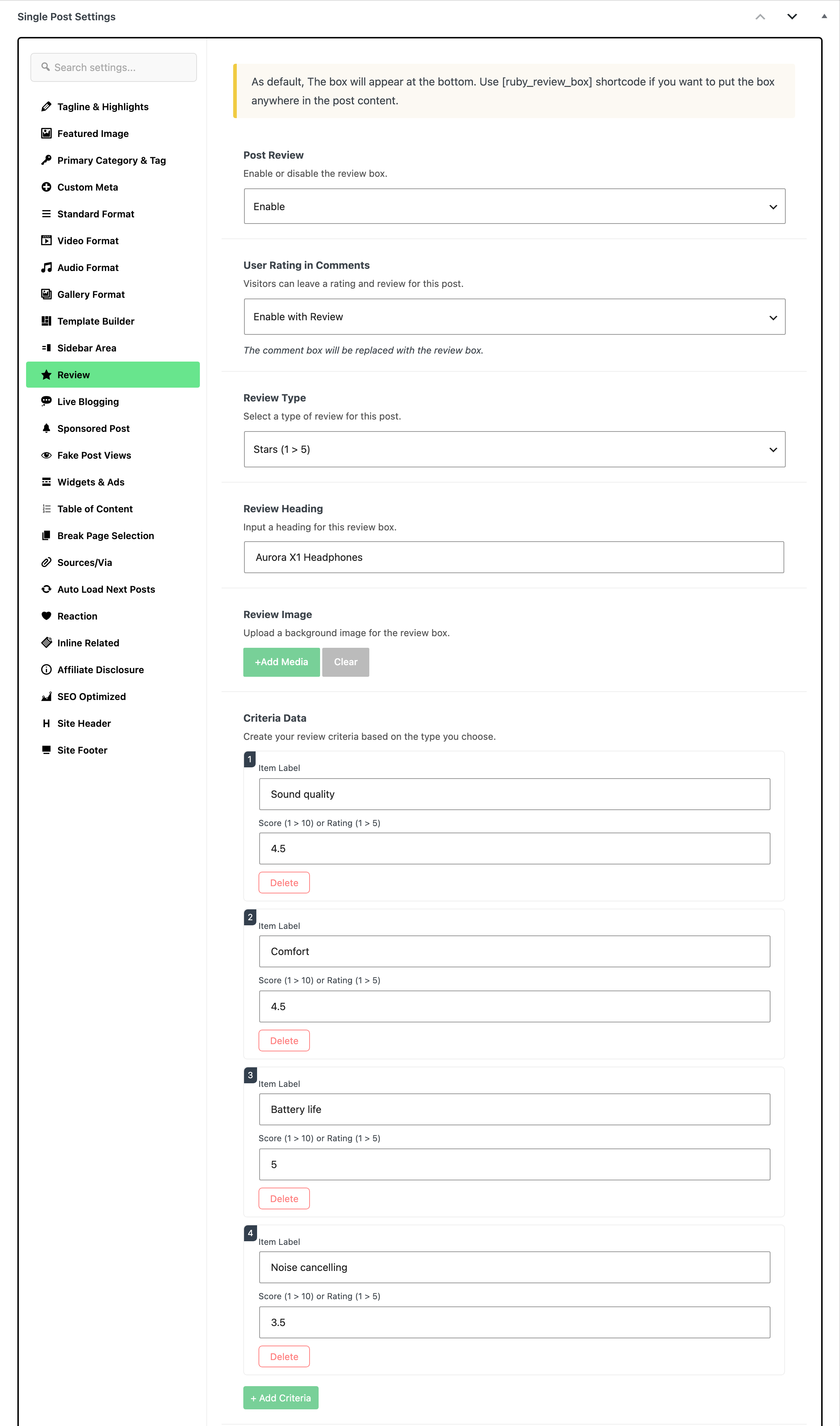 The Single Post Settings box with the Review tab open on a review post: Post Review on Enable and User Rating in Comments on Enable with Review, above Review Type, Review Heading, Review Image and Criteria Data
