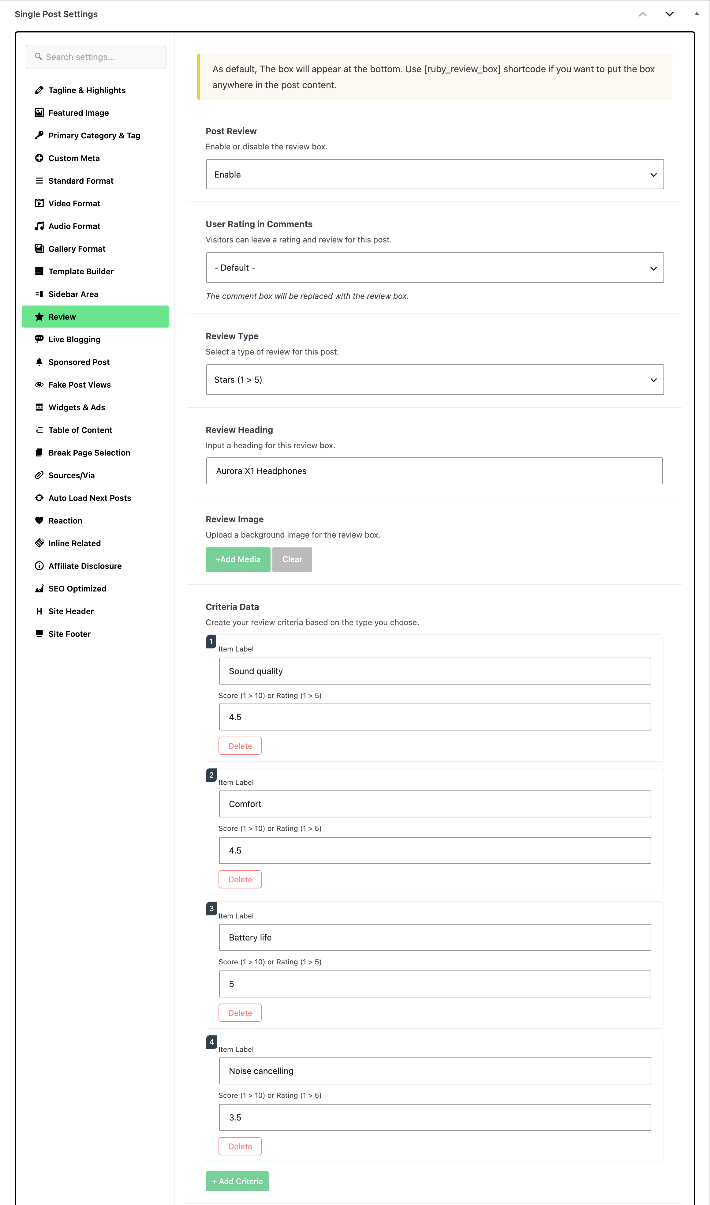 The Single Post Settings box with the Review tab open: Post Review on Enable, User Rating in Comments on - Default -, Review Type on Stars (1 > 5), Review Heading, Review Image and Criteria Data with four criteria and the + Add Criteria button