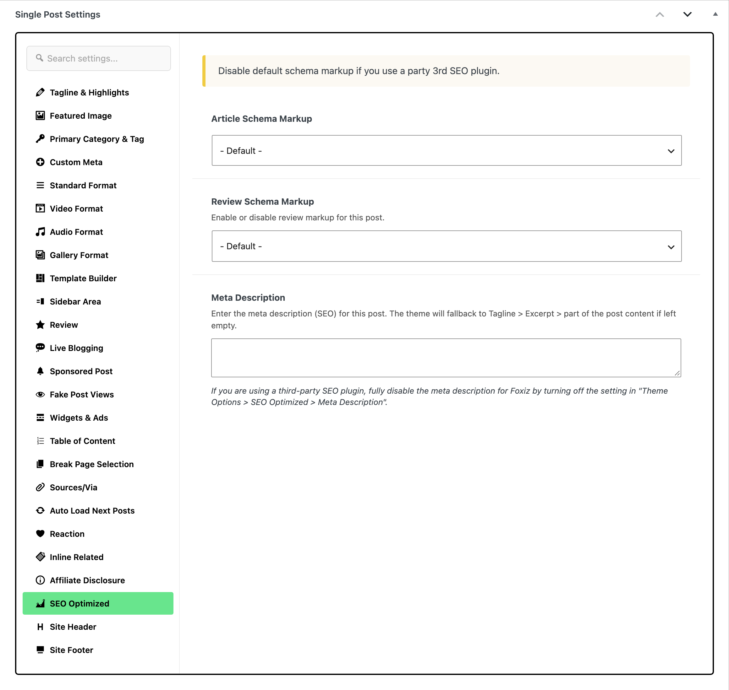 The Single Post Settings box with the SEO Optimized tab open: Article Schema Markup and Review Schema Markup on - Default -, above an empty Meta Description box