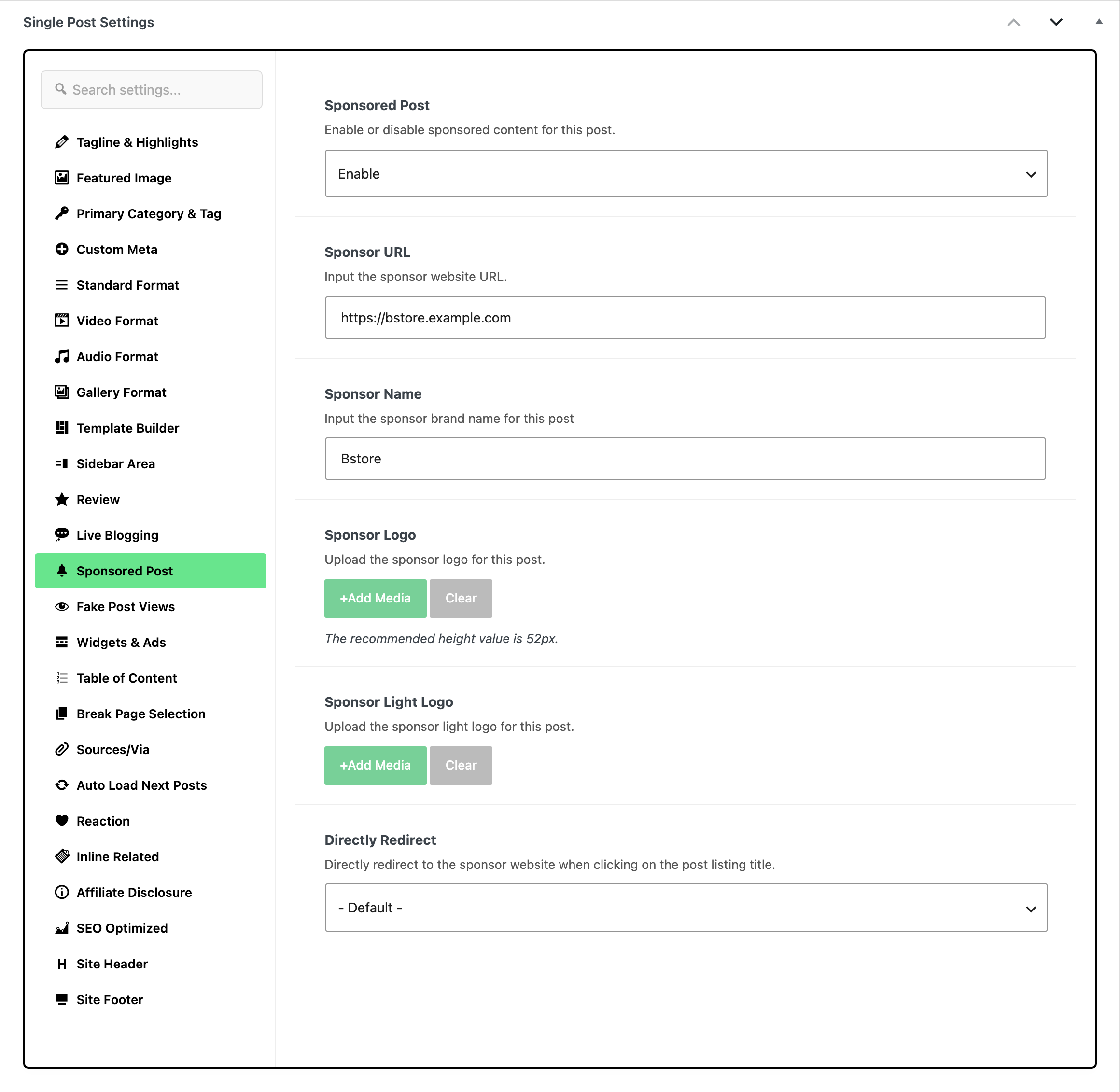 The Single Post Settings box with the Sponsored Post tab open: Sponsored Post on Enable, Sponsor URL, Sponsor Name Bstore, the empty Sponsor Logo and Sponsor Light Logo upload fields and Directly Redirect on - Default -