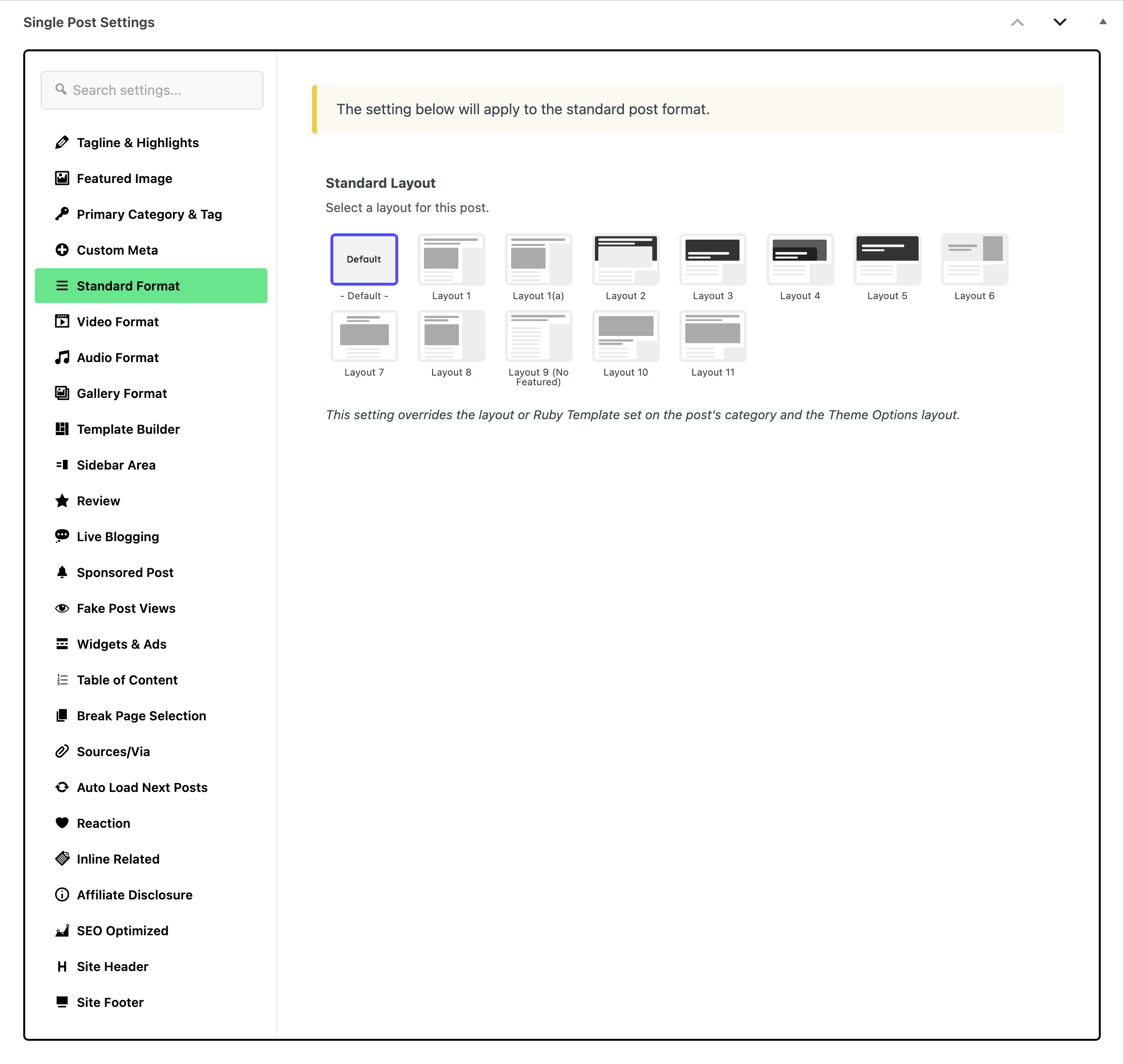 The Single Post Settings box with the Standard Format tab open: Standard Layout on - Default -, followed by the layout pictures Layout 1 to Layout 11