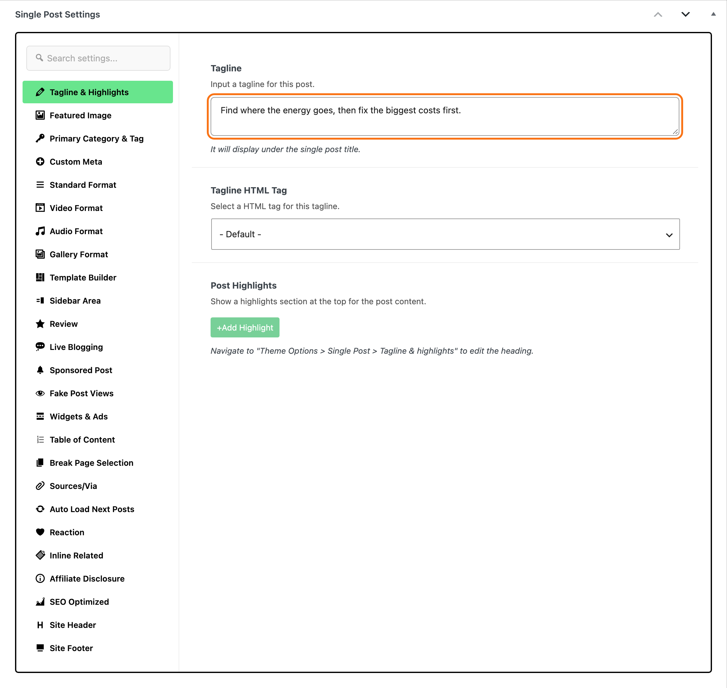 The Single Post Settings box with the Tagline & Highlights tab open in its tab list, and the Tagline field filled with Find where the energy goes, then fix the biggest costs first., outlined