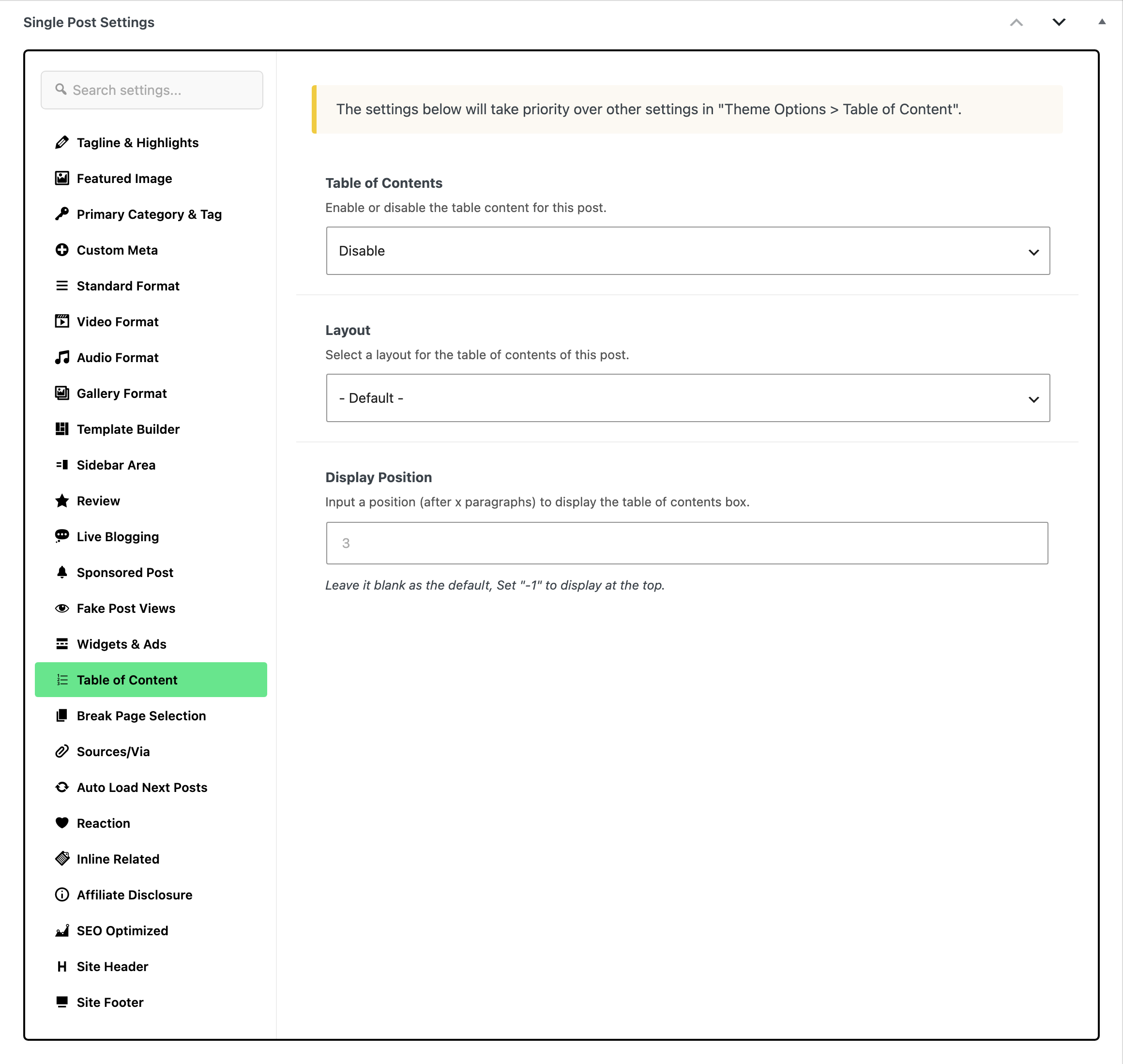 The Single Post Settings box with the Table of Content tab open: Table of Contents on Disable, Layout on - Default -, and Display Position showing a grey 3 placeholder