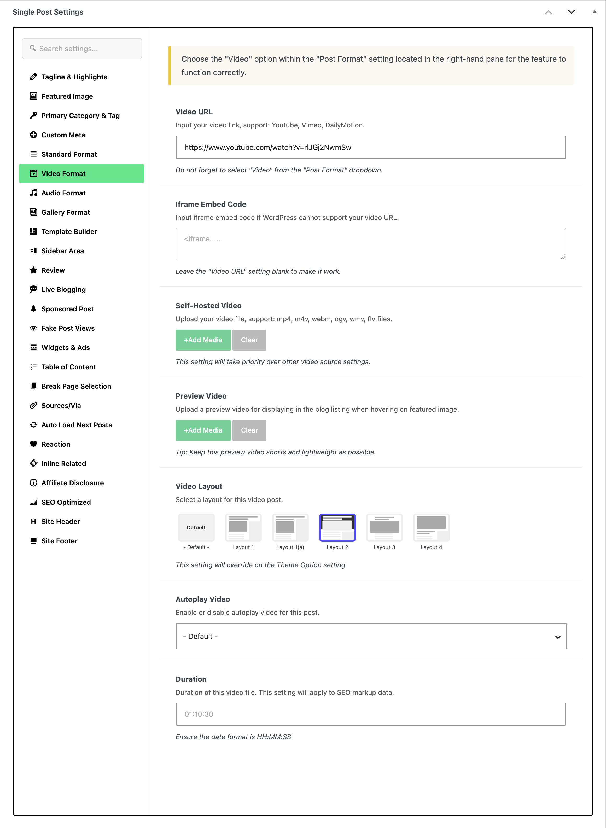 The Single Post Settings box with the Video Format tab open: a YouTube link in Video URL, then Iframe Embed Code, Self-Hosted Video, Preview Video, Video Layout on Layout 2, Autoplay Video on - Default - and Duration