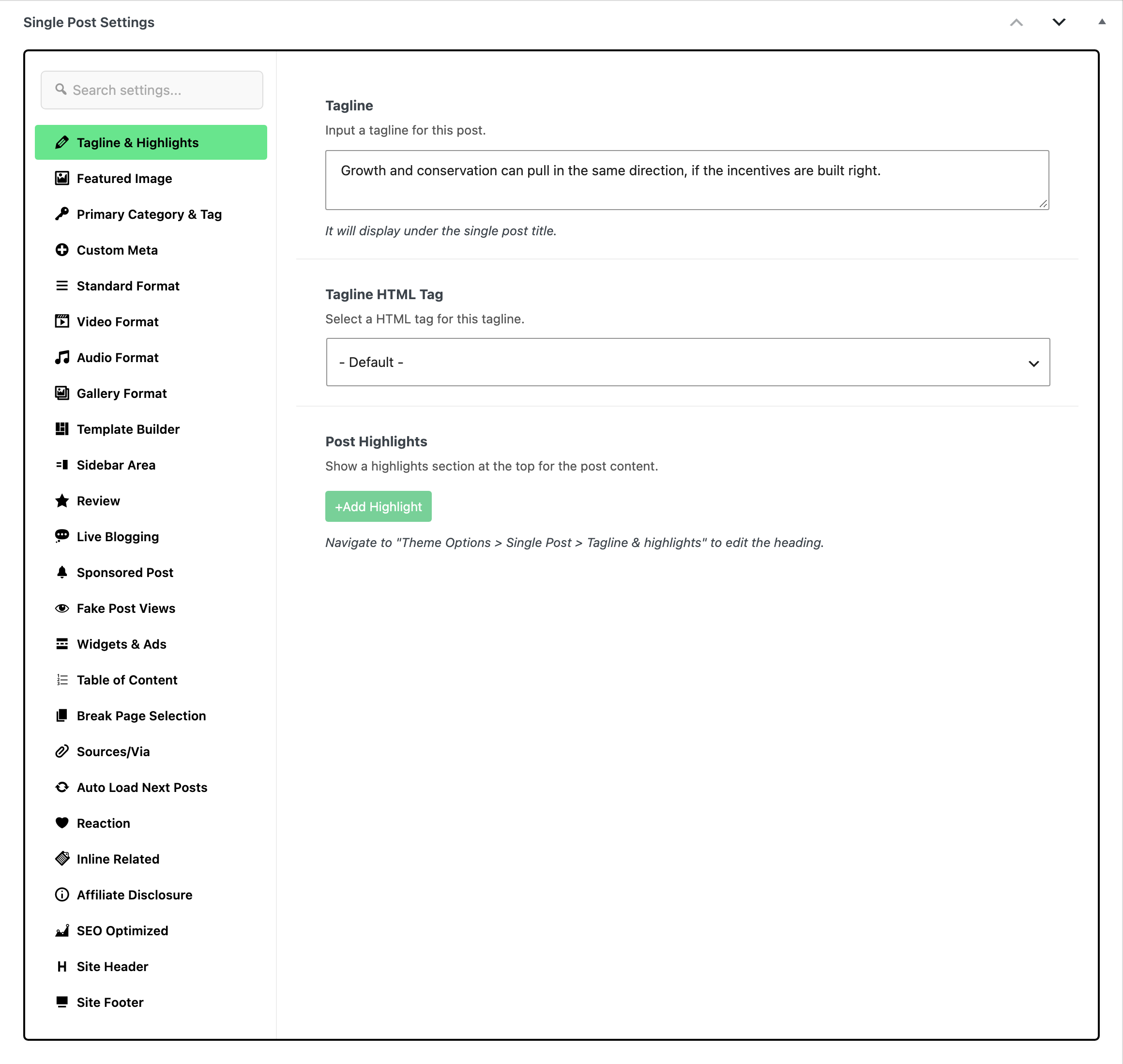 The Single Post Settings box under the post editor, with its twenty five tabs from Tagline & Highlights to Site Footer on the left and the Tagline & Highlights tab open: Tagline holding a one line tagline, Tagline HTML Tag on - Default - and Post Highlights with its +Add Highlight button