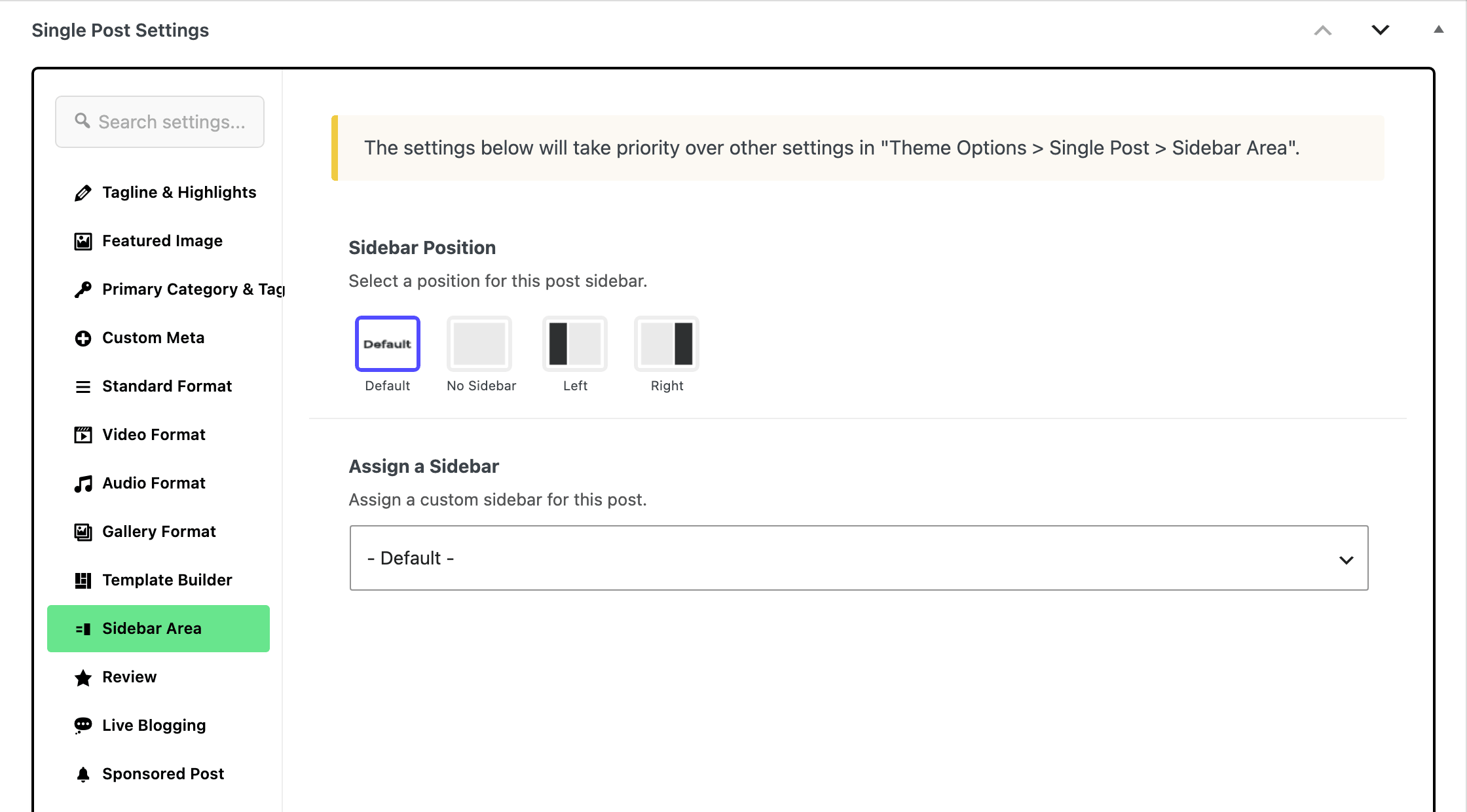 The Single Post Settings box on a post, with the Sidebar Area tab open showing Sidebar Position and Assign a Sidebar on - Default -