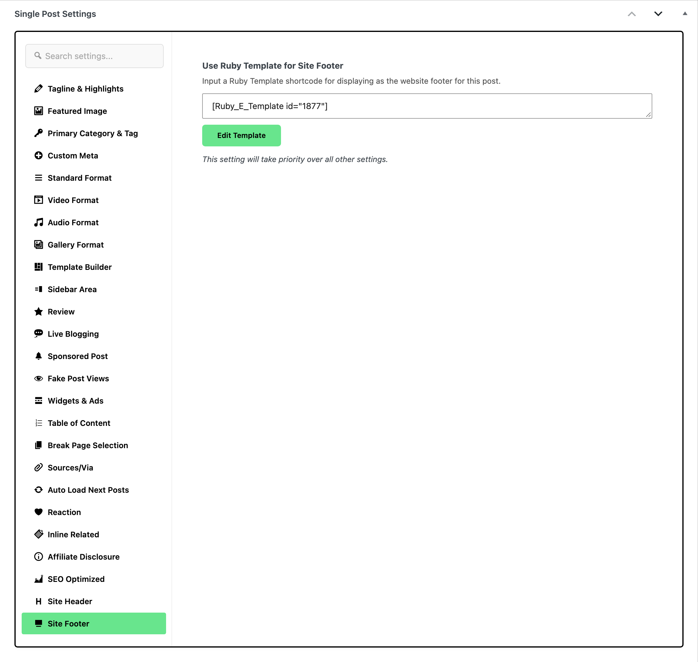 The Site Footer tab of Single Post Settings, with a footer template shortcode in Use Ruby Template for Site Footer.