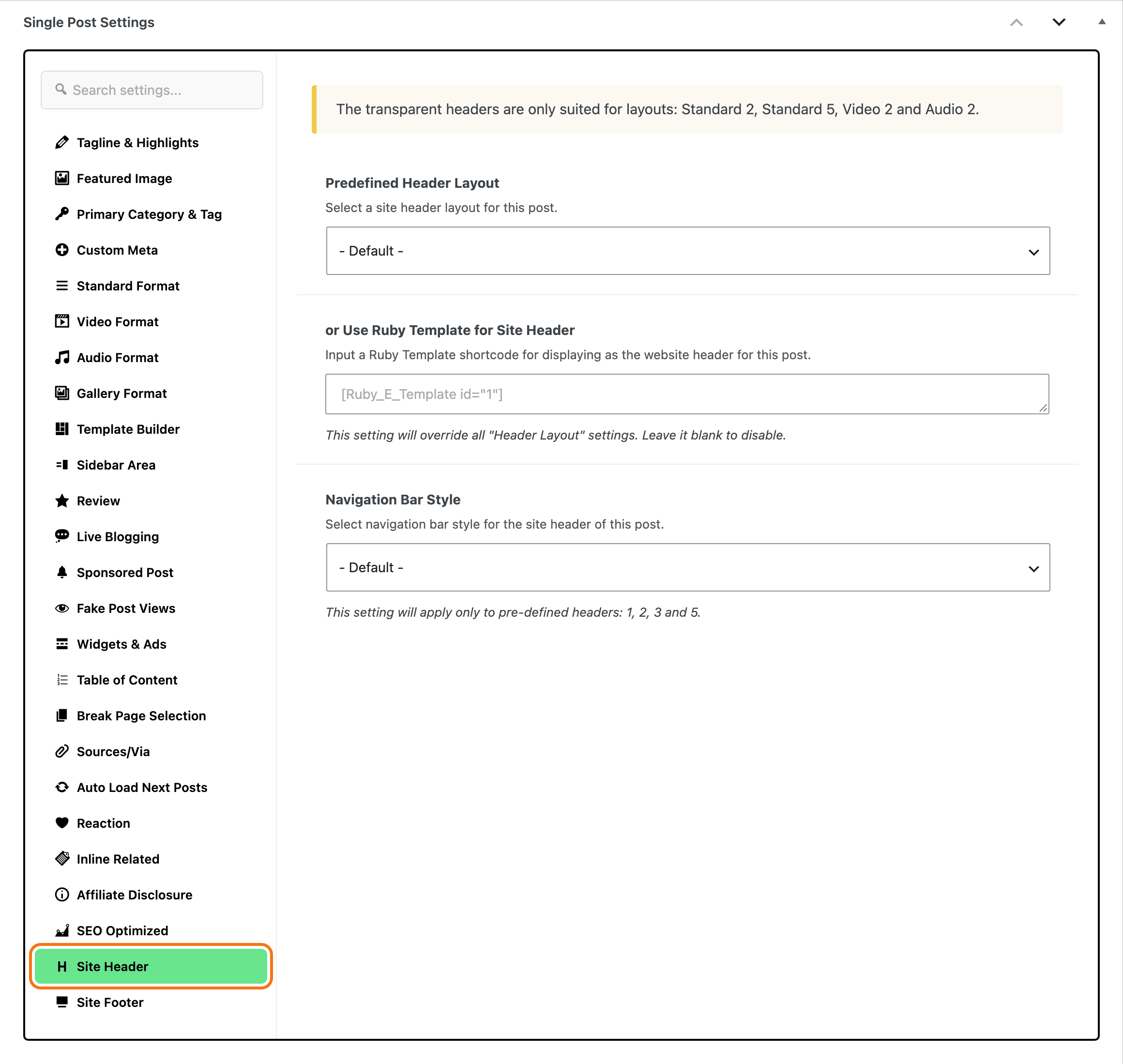 The Single Post Settings box on a post, with the Site Header tab selected in the tab list and outlined in orange: Predefined Header Layout on - Default -, the Ruby Template field empty, and Navigation Bar Style.