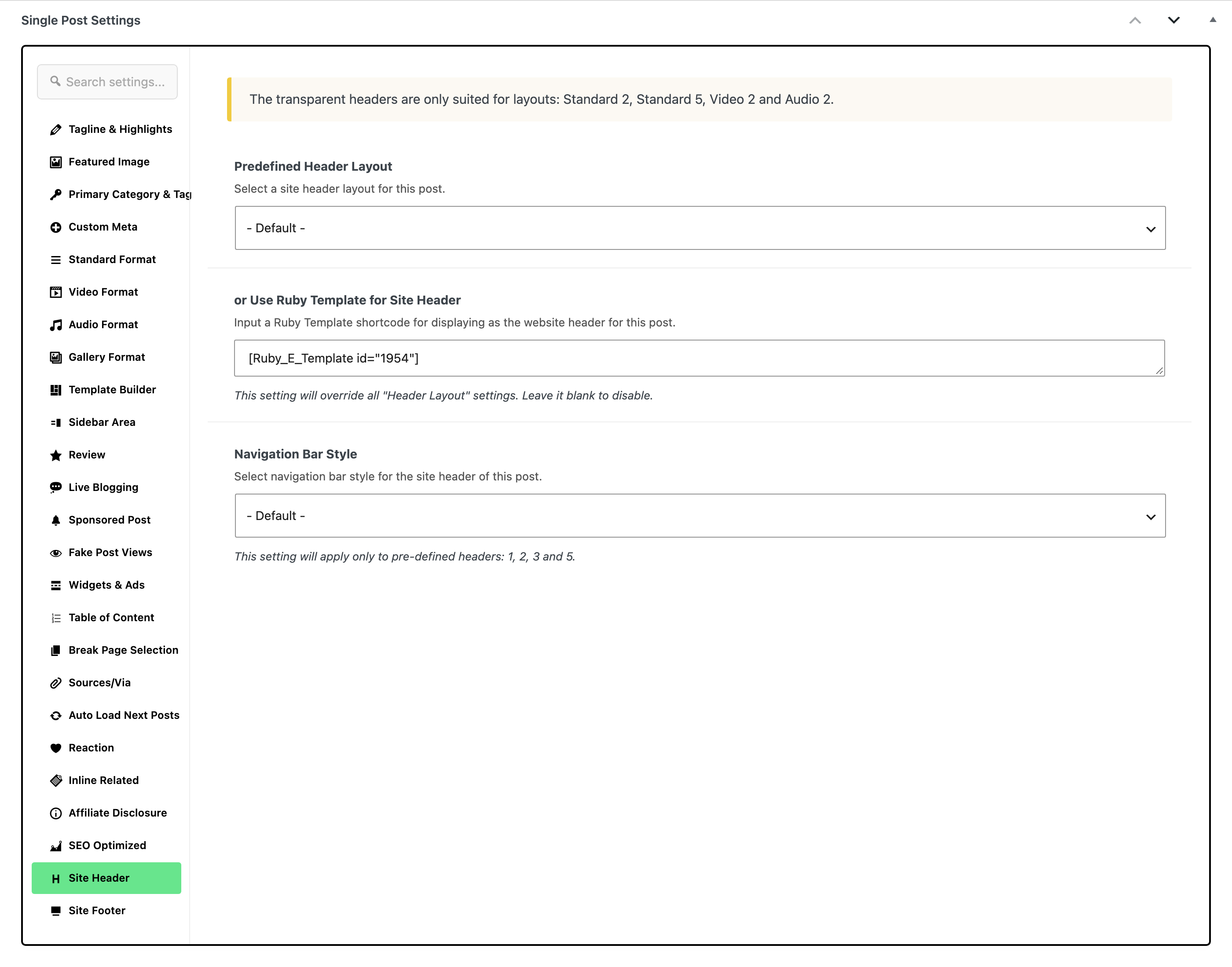 The Site Header tab of the Single Post Settings box, open in the tab list, with a header template shortcode in or Use Ruby Template for Site Header.