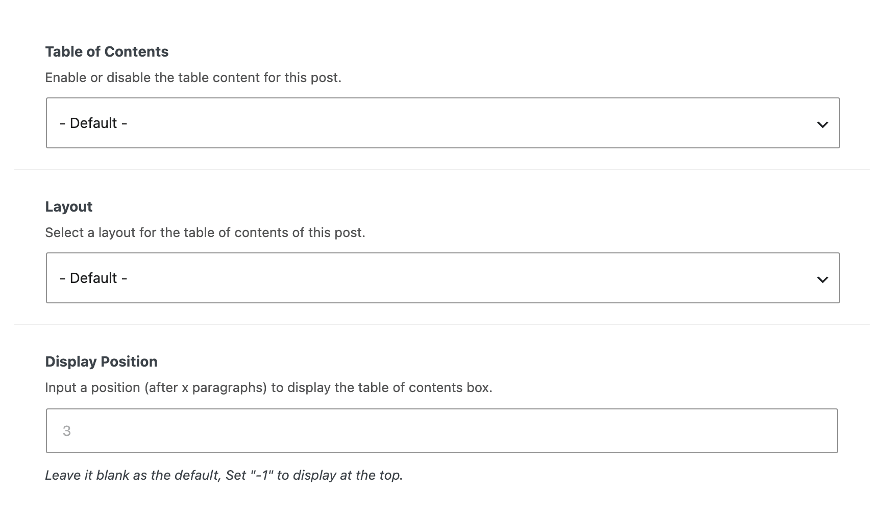 The Table of Content tab of Single Post Settings, with Table of Contents, Layout and Display Position