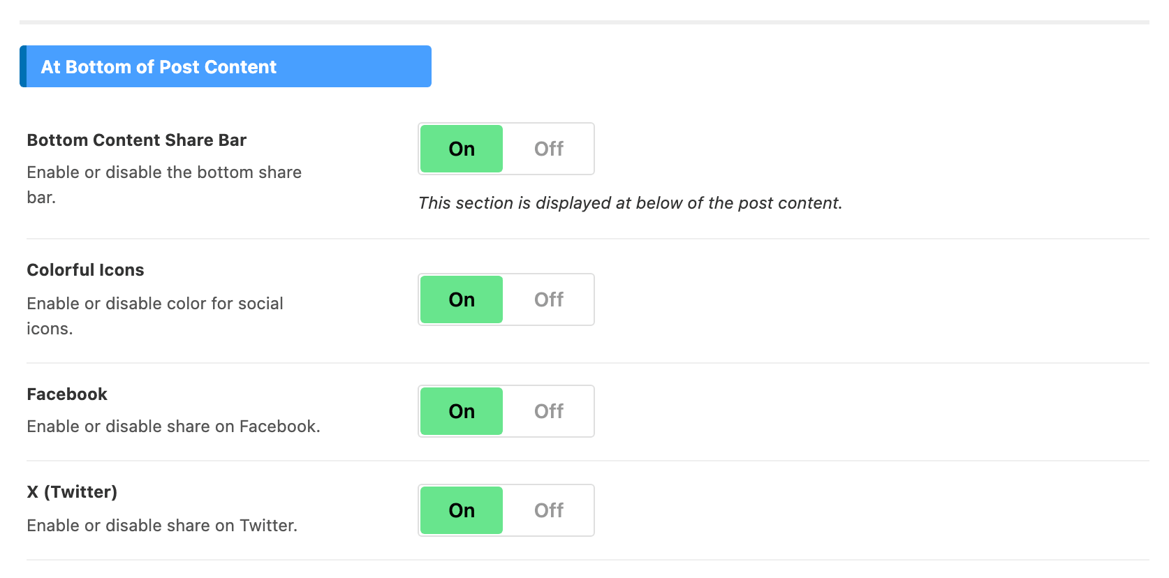 The At Bottom of Post Content group in Single Post > Share on Socials, with Bottom Content Share Bar on