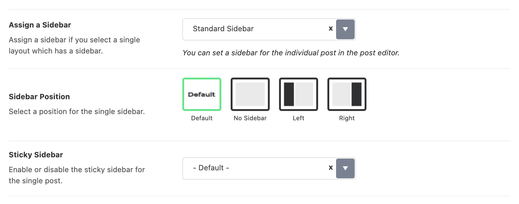 Theme Options > Single Post > Sidebar Area, showing Assign a Sidebar set to Standard Sidebar