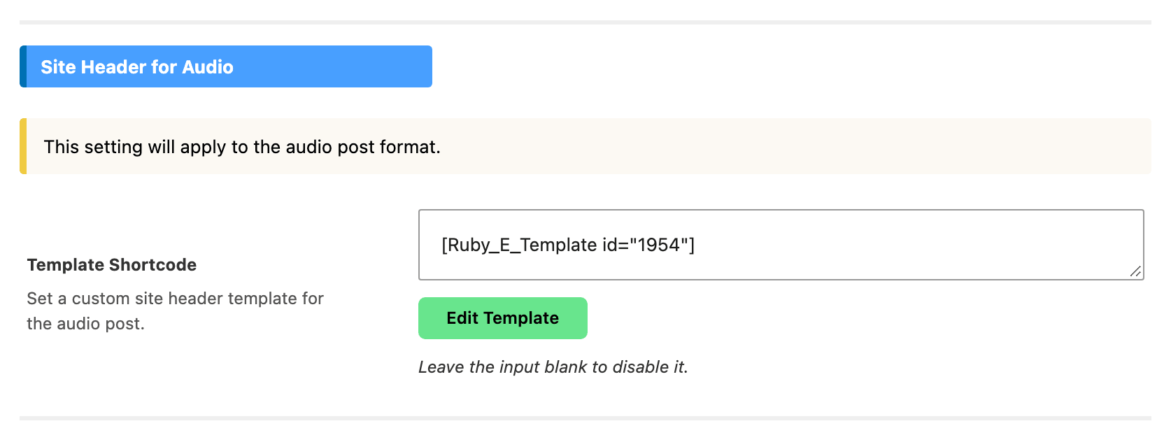 The Site Header for Audio group and its own Template Shortcode field
