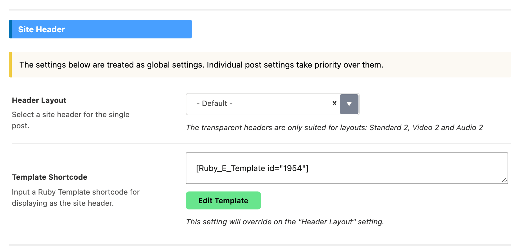 The Site Header group of Theme Options > Single Post, with Template Shortcode under Header Layout