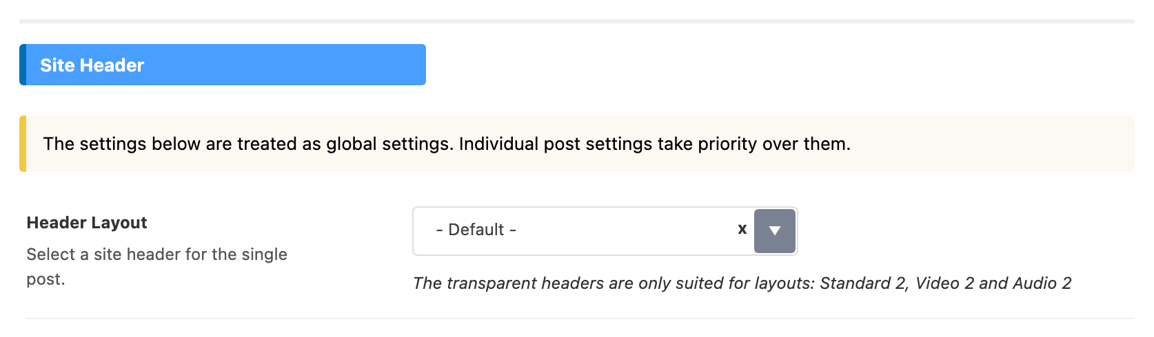 The Site Header group of Theme Options > Single Post > Site Header, showing the Header Layout dropdown