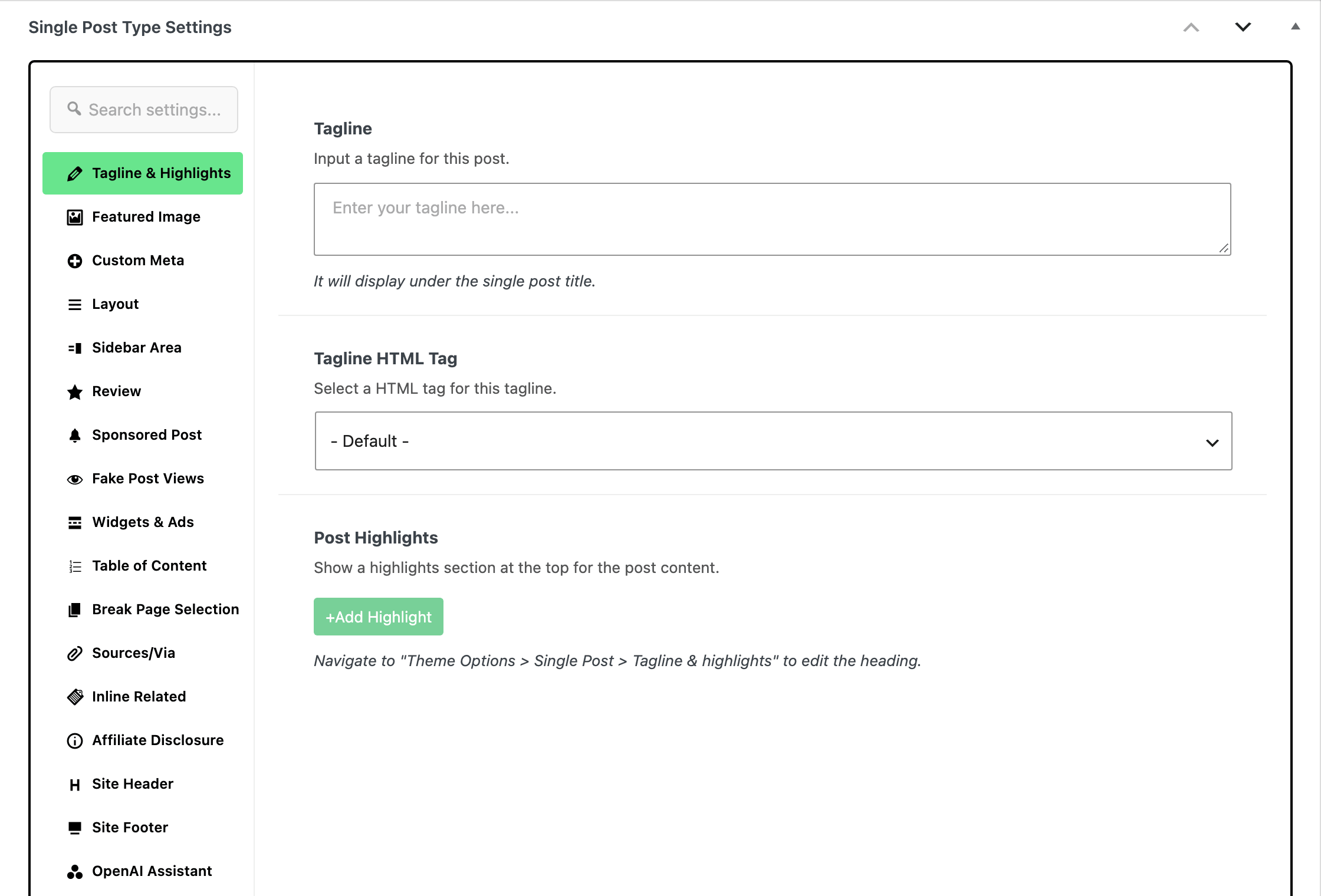 The Single Post Type Settings box below the editor, with its sixteen tabs down the left