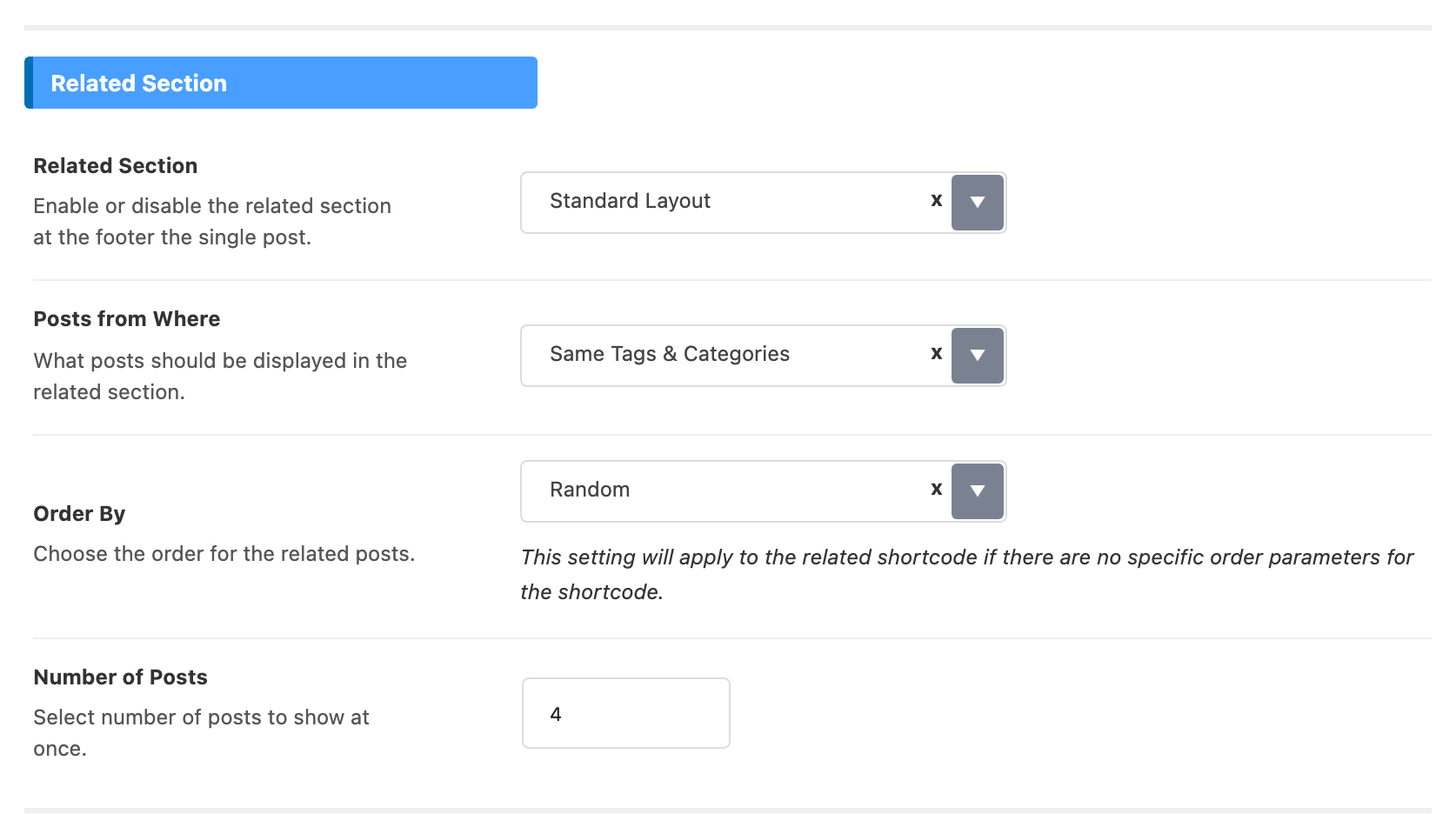 The Related Section group, with Related Section on Standard Layout, Posts from Where on Same Tags & Categories, Order By on Random and Number of Posts at 4