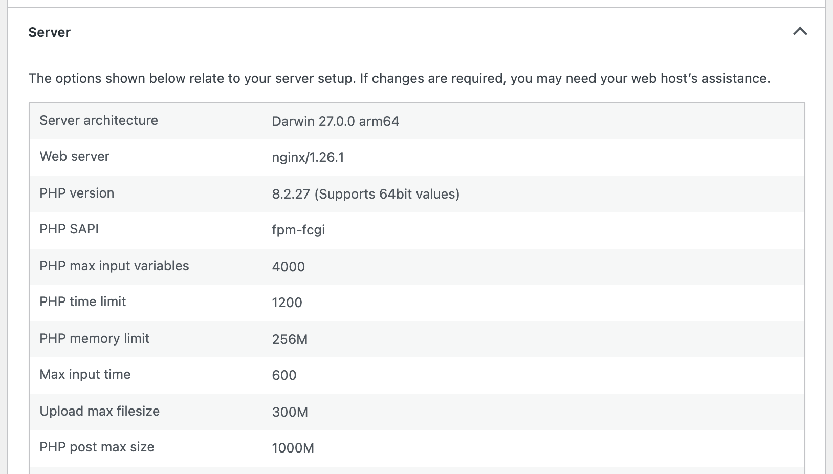 The Server section of Site Health > Info expanded, from Server architecture down to PHP post max size
