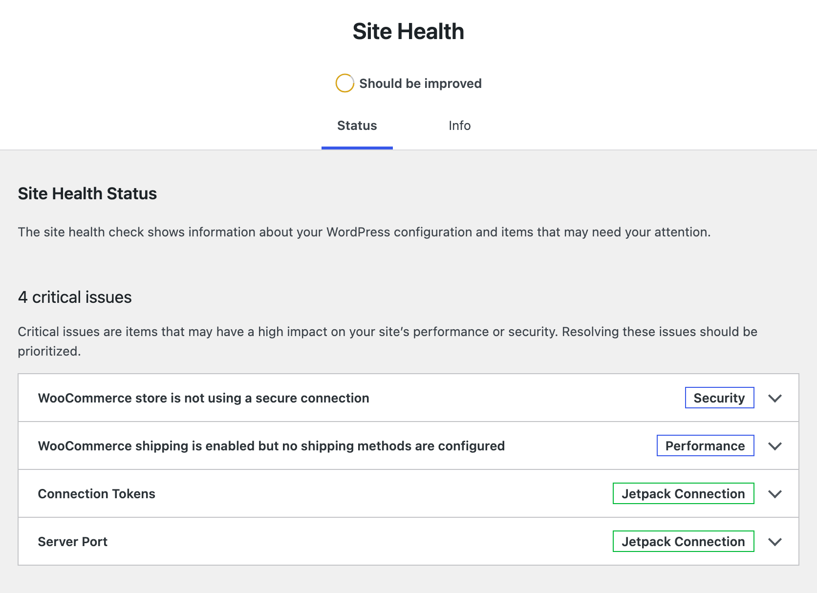 Tools > Site Health on the Status tab: the site's score, then the list of issues found, each a row you can open for details
