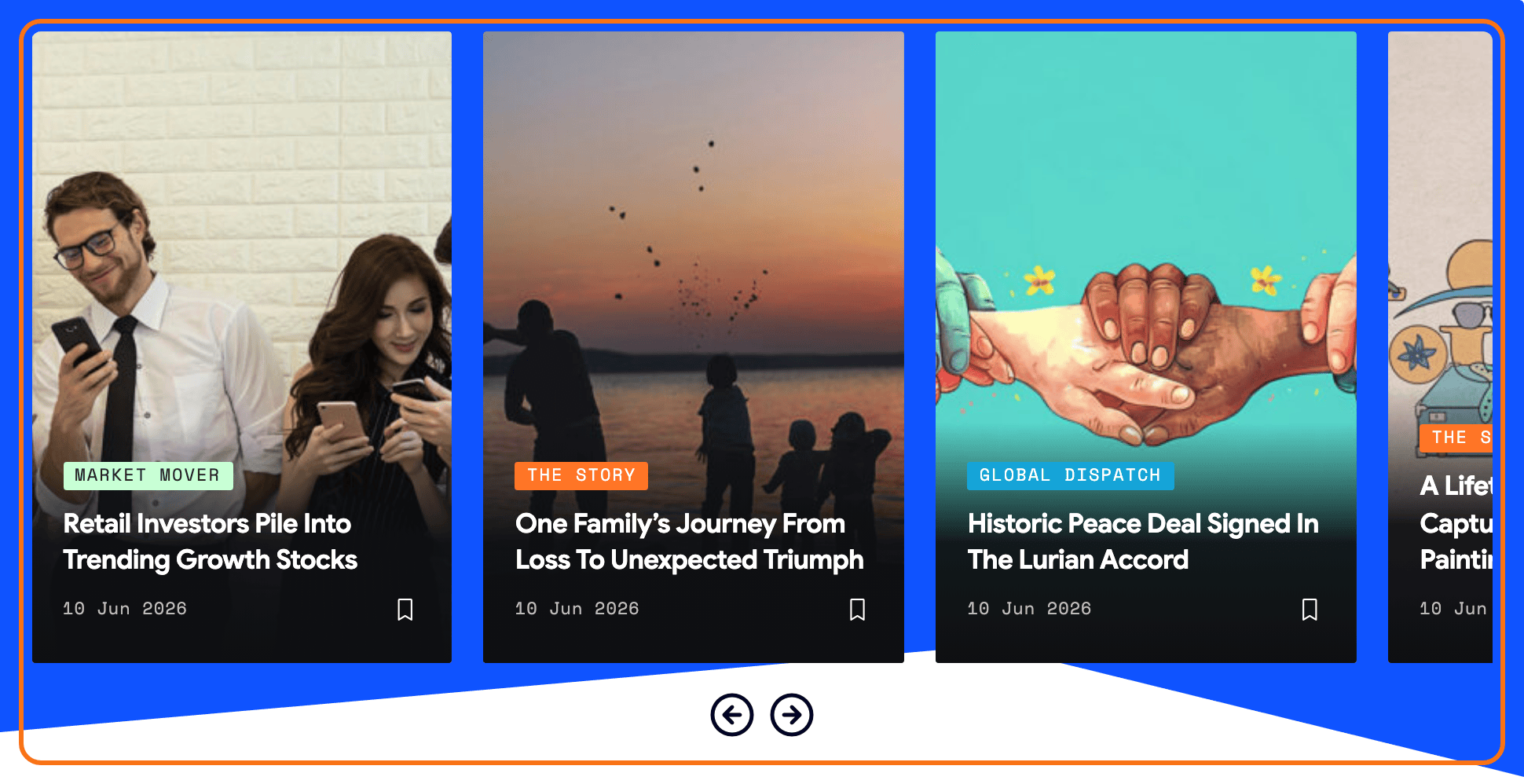 The Most Popular carousel on the Signal demo, three post cards and part of a fourth with the previous and next arrows below, the carousel outlined in orange