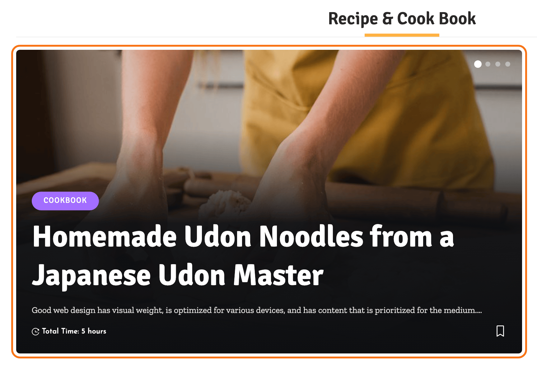 A single slide slider on the Food demo under the Recipe & Cook Book heading, one post filling the frame with the slide dots at the top right, the slider outlined in orange