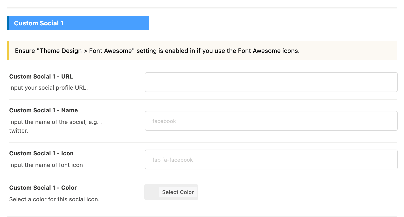 The Custom Social 1 group at the bottom of Social Profiles: URL, Name, Icon and Color