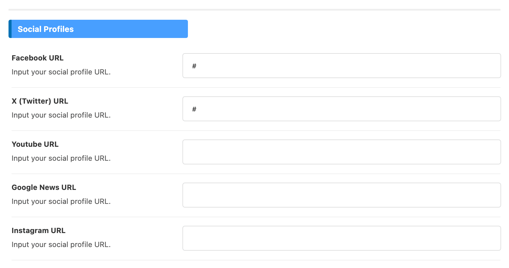 The first URL fields of the Social Profiles panel