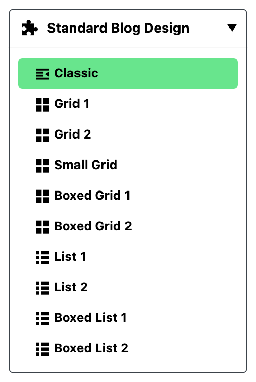 Standard Blog Design expanded in the Theme Options list, showing its ten modules from Classic to Boxed List 2.