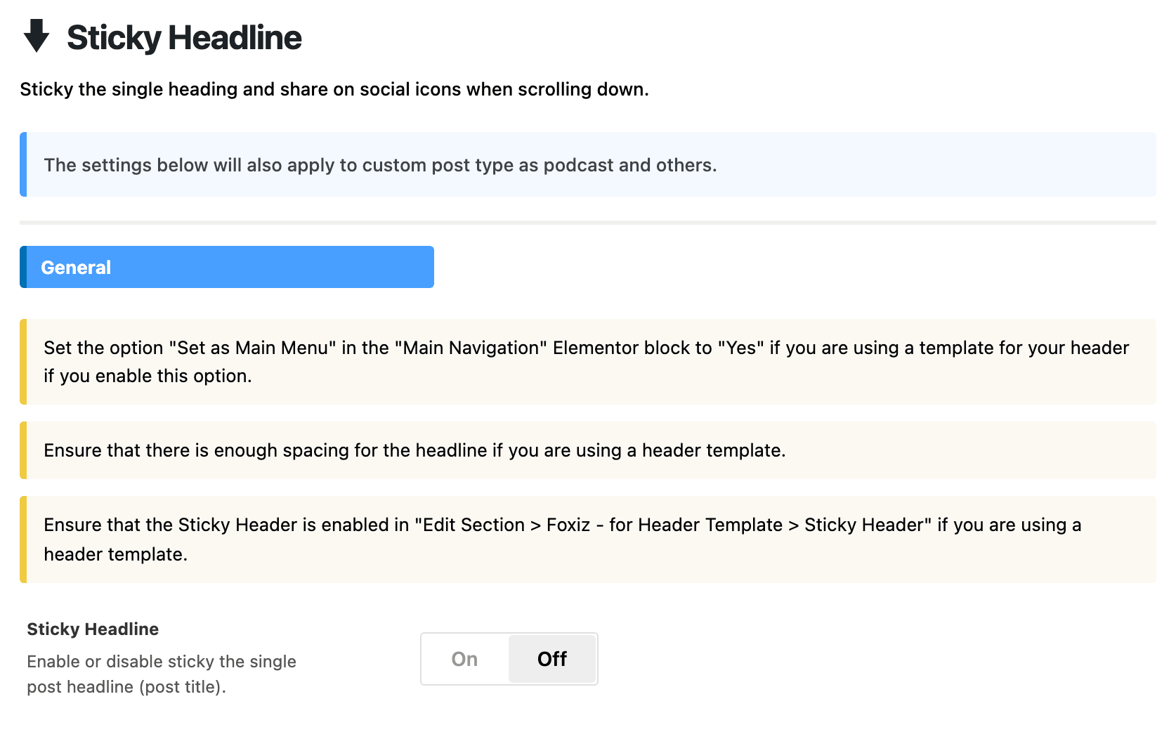 The top of Theme Options > Single Post > Sticky Headline: three notices for header templates, and the Sticky Headline switch off