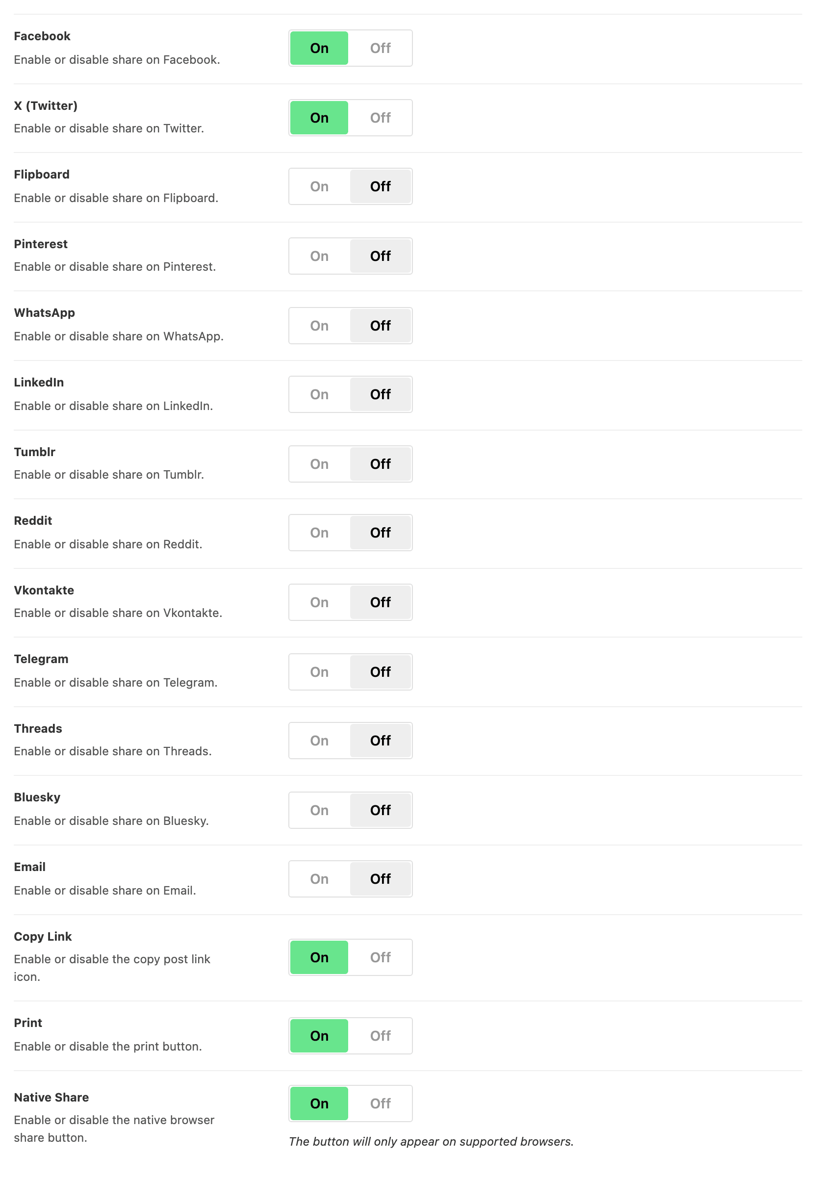 The per network switches of the Share on Socials section: Facebook and X (Twitter) on, Flipboard through Email off, Threads then Bluesky among them, and Copy Link, Print and Native Share on