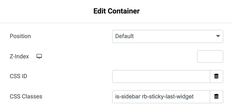 The Layout section of a container's Advanced tab, with the CSS Classes field holding is-sidebar rb-sticky-last-widget below CSS ID