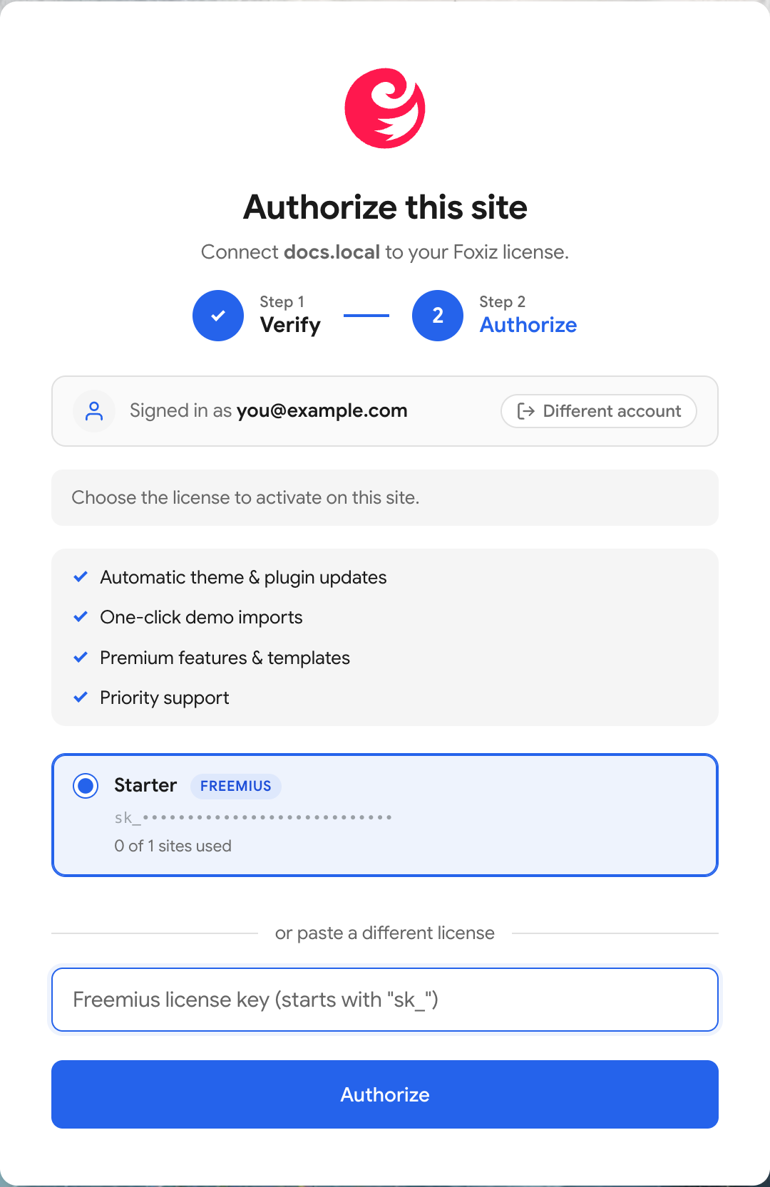 The store.foxiz.io Authorize this site screen, signed in, with a Starter licence selected and the Authorize button