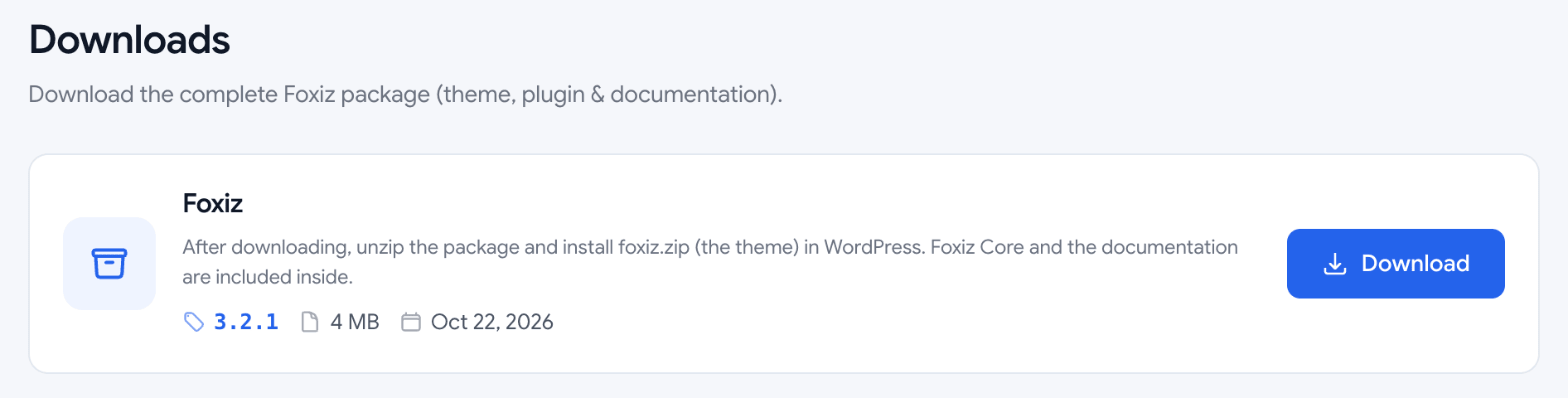 The Downloads tab of the store.foxiz.io account: the one Foxiz package at version 3.2.1, its size and date, and its Download button