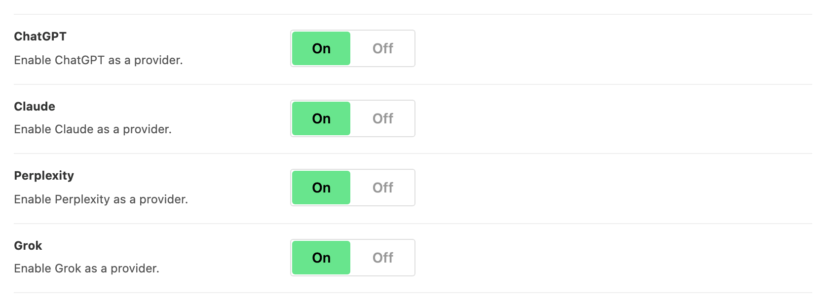 The ChatGPT, Claude, Perplexity and Grok switches in Theme Options > Single Post > Summarize with AI, all four on