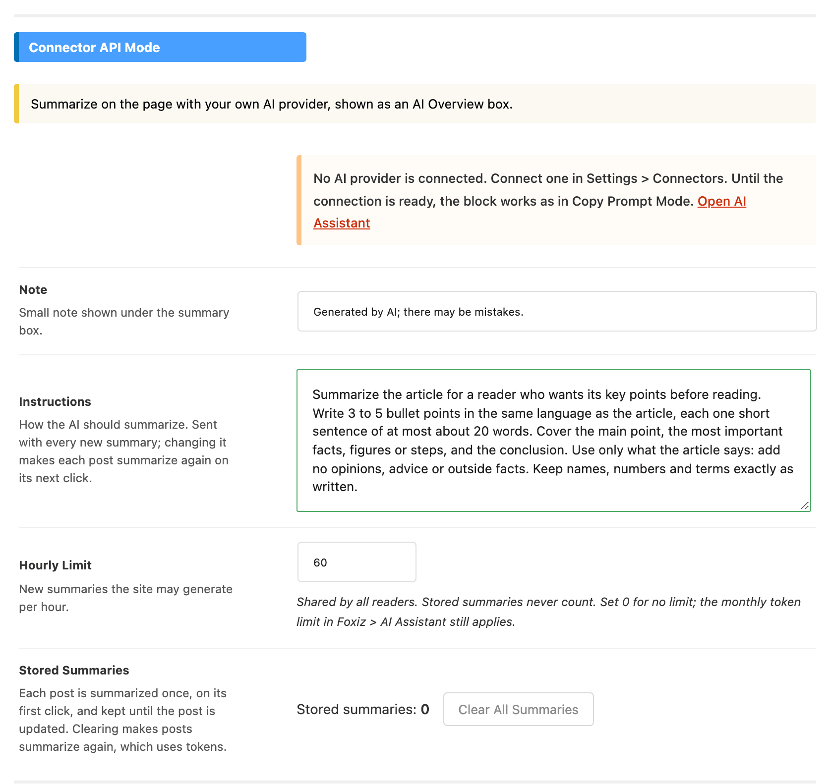 The Connector API Mode group of Theme Options > Single Post > Summarize with AI: the warning that no AI provider is connected, then Note, Instructions, Hourly Limit on 60 and Stored Summaries with its Clear All Summaries button
