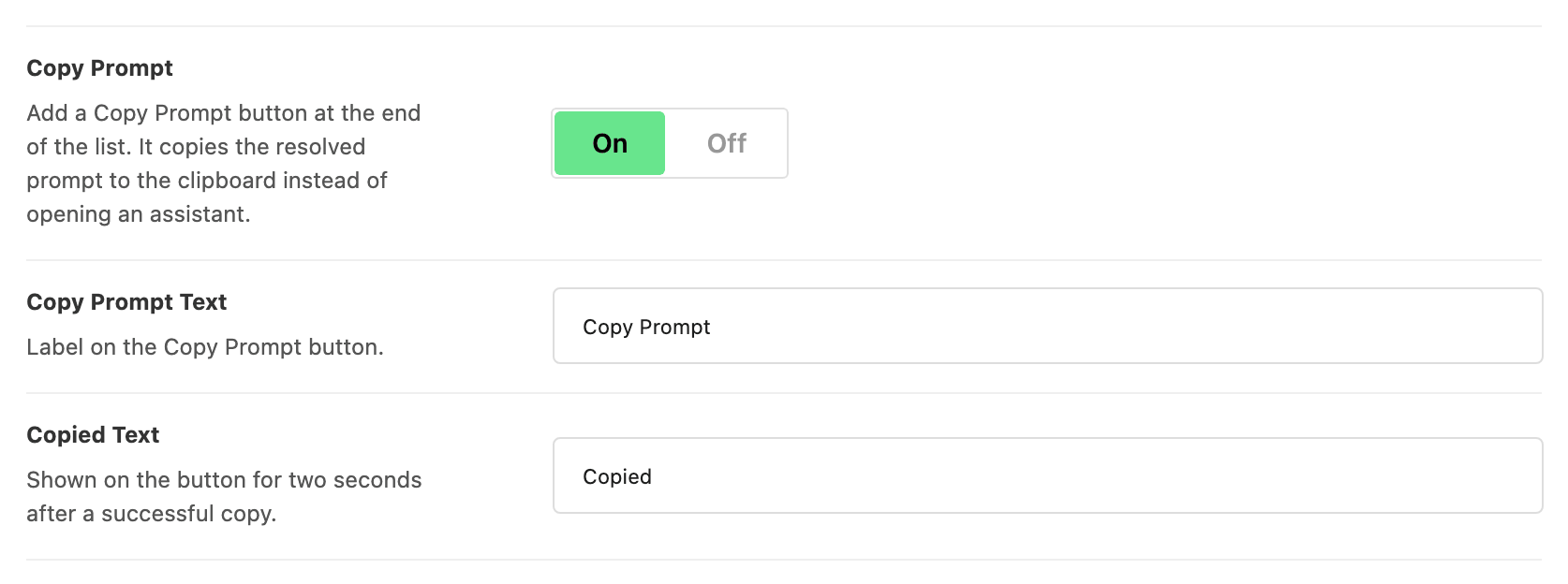 Copy Prompt on, Copy Prompt Text set to Copy Prompt and Copied Text set to Copied, in Theme Options > Single Post > Summarize with AI