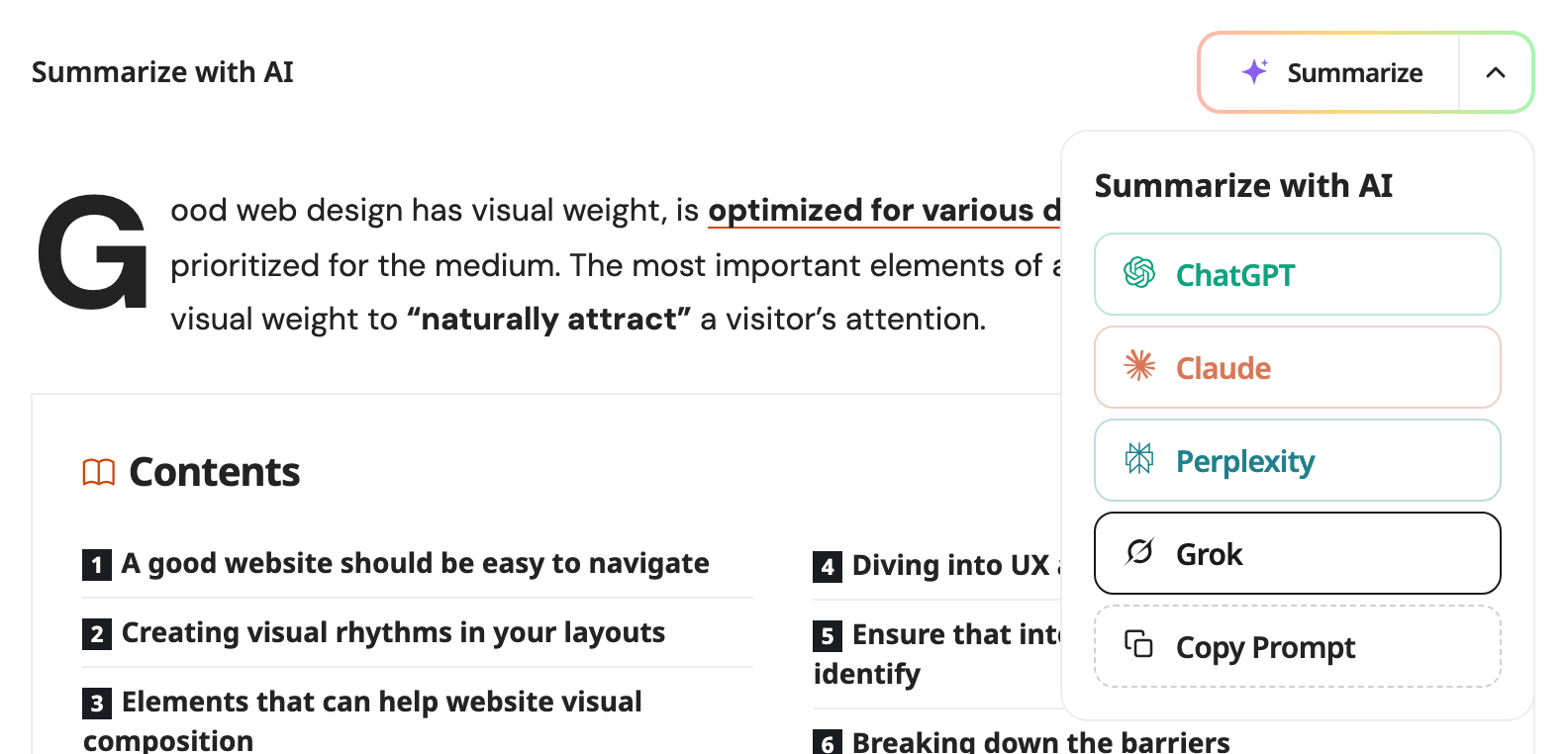 The Summarize with AI block at the top of a post in the Dropdown Button layout, its arrow clicked to open the list: ChatGPT, Claude, Perplexity, Grok and Copy Prompt