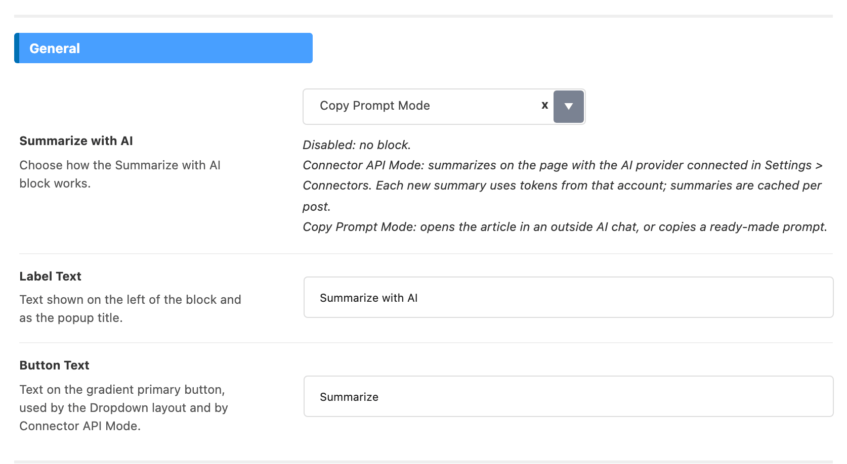 The General group of Theme Options > Single Post > Summarize with AI: Label Text set to Summarize with AI and Button Text set to Summarize