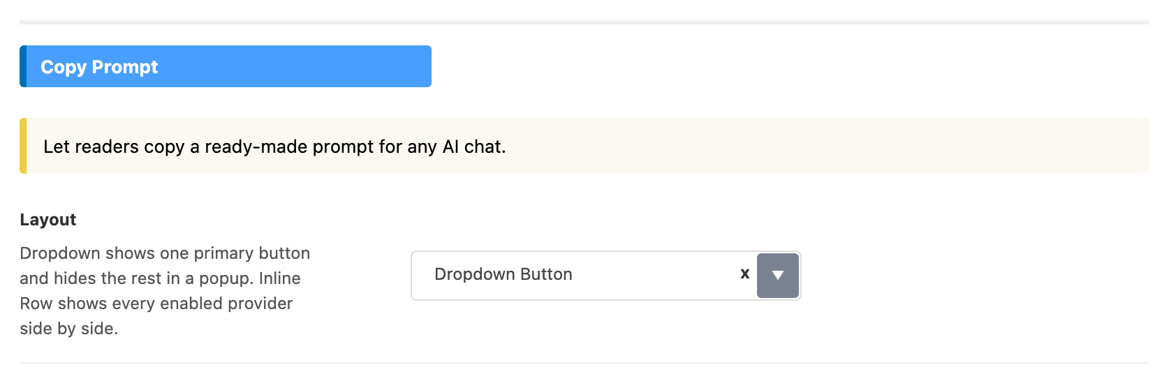 Layout on Dropdown Button at the top of the Copy Prompt group in Theme Options > Single Post > Summarize with AI