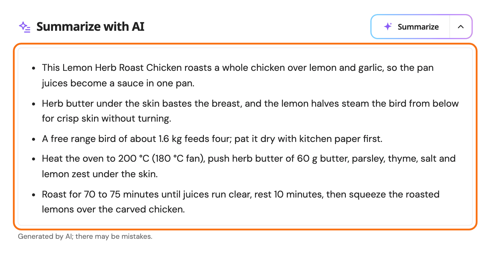 A post with Summarize with AI on Connector API Mode after a click on Summarize: the AI Overview box, outlined in orange, open under the block with the key points of a roast chicken recipe as bullets, and the Generated by AI note below