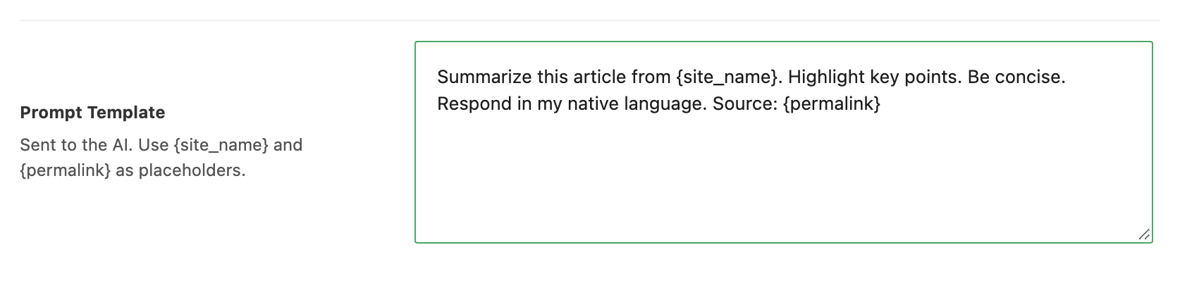 The Prompt Template field in Theme Options > Single Post > Summarize with AI, holding the default prompt with its two placeholders, site_name and permalink, in curly braces
