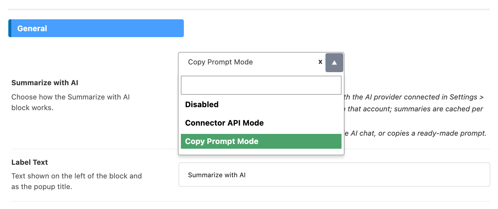 The General group of Theme Options > Single Post > Summarize with AI, with the Summarize with AI select open on Disabled, Connector API Mode and Copy Prompt Mode, Copy Prompt Mode chosen