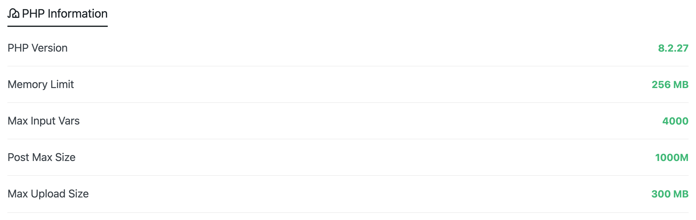 The PHP Information list on Foxiz System Info, with Post Max Size and Max Upload Size among its rows