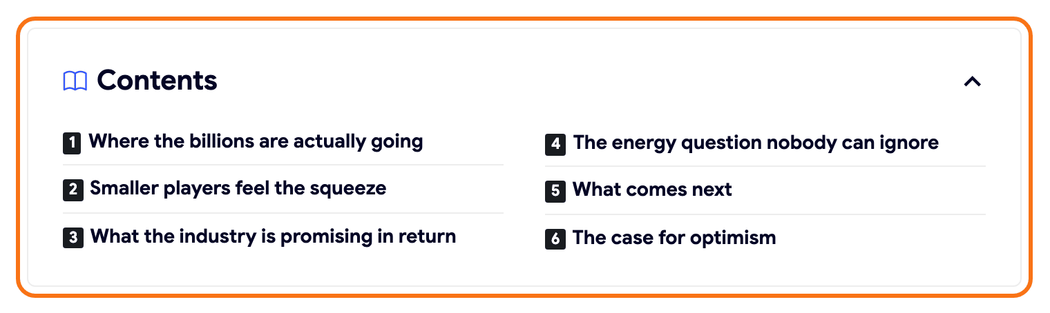The table of contents box near the top of a Signal demo post, outlined in orange: the Contents heading with its collapse arrow and six numbered headings in two columns