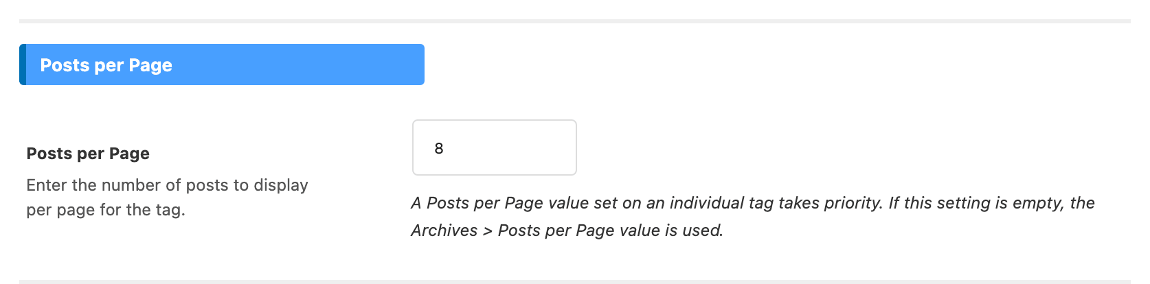 The Posts per Page field on the Tag Page panel