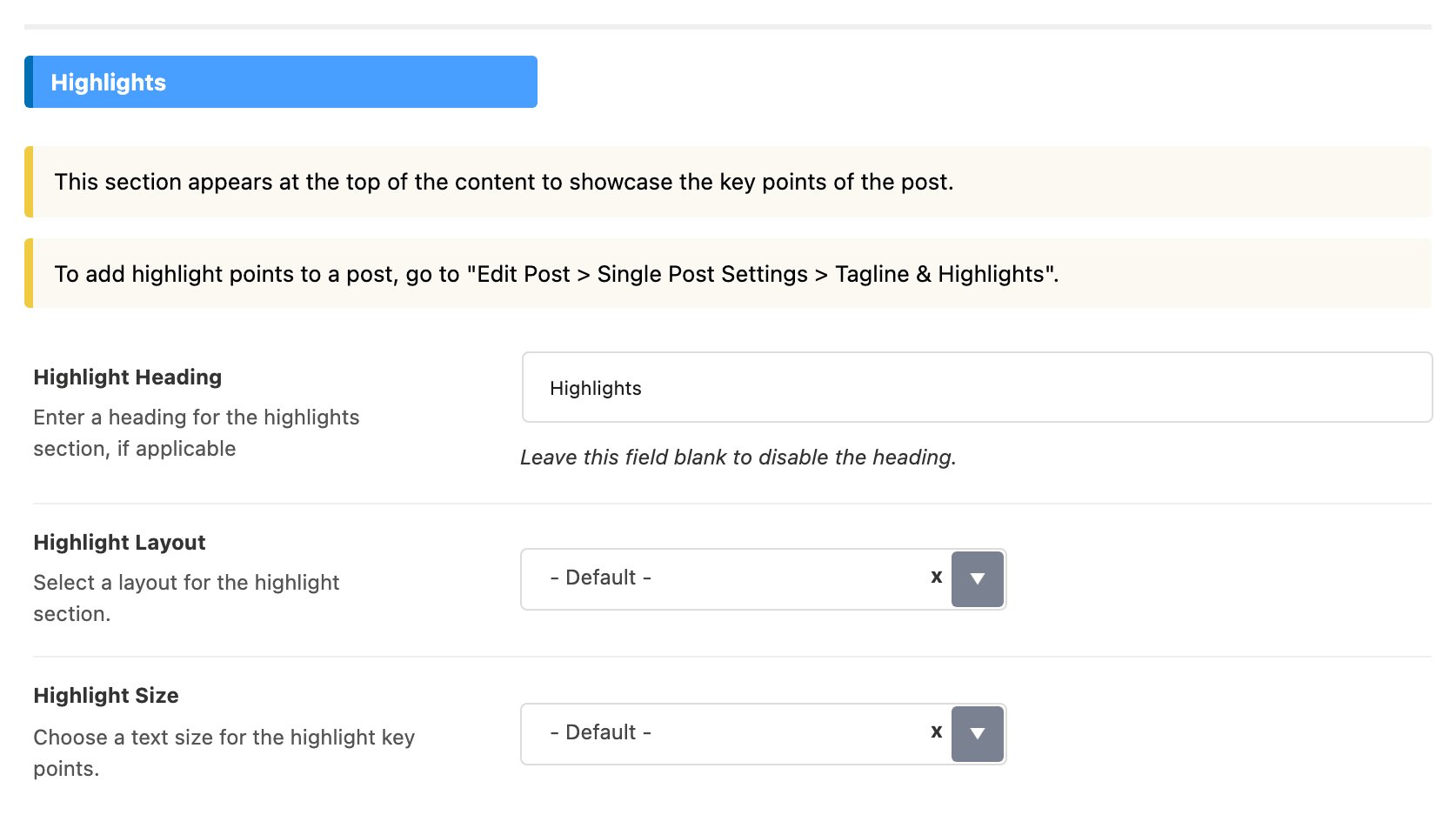 The Highlights group of Theme Options > Single Post > Tagline & Highlights: two notices, Highlight Heading set to Highlights, and Highlight Layout and Highlight Size on - Default -