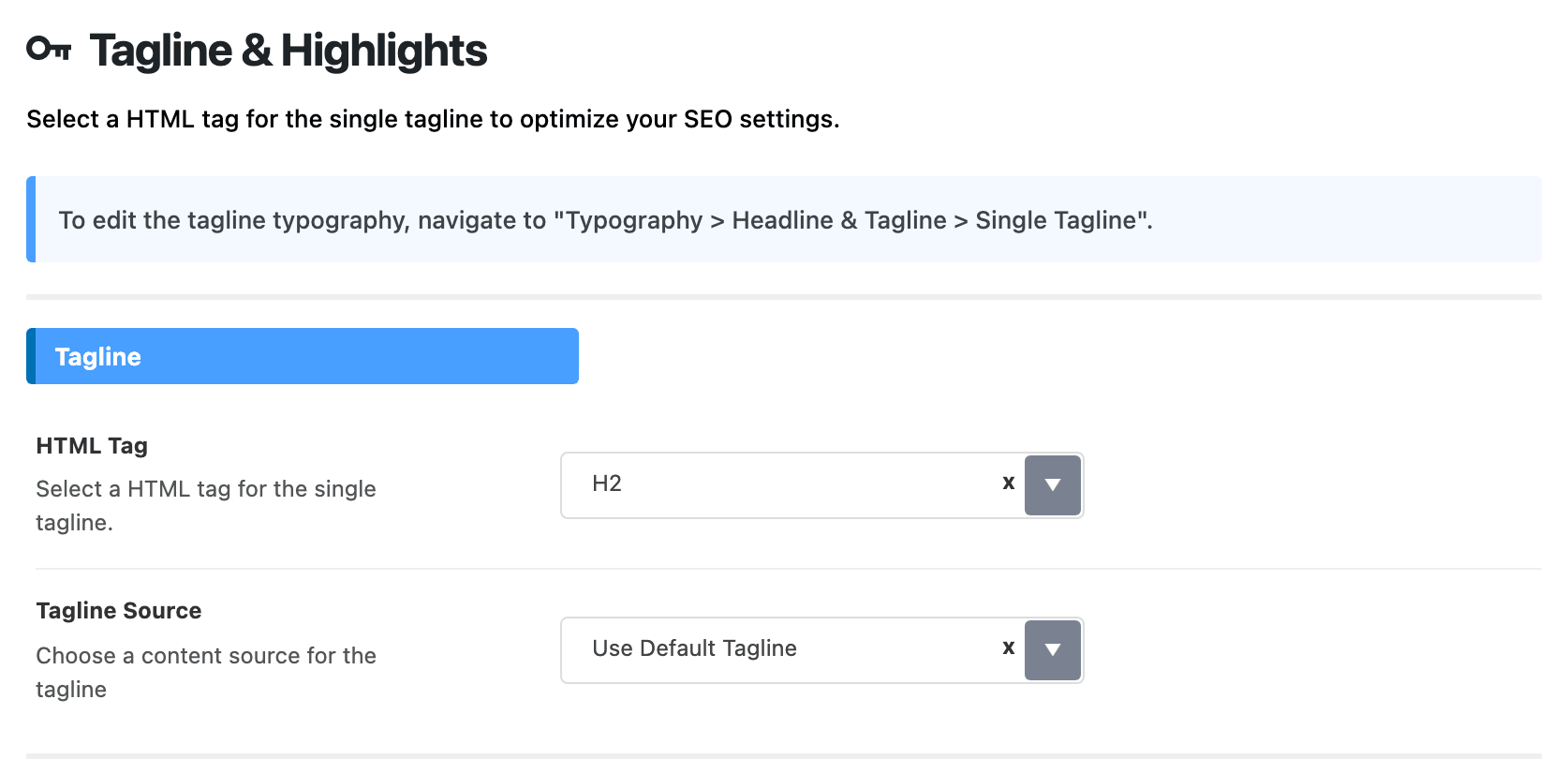 The top of Theme Options > Single Post > Tagline & Highlights: the notice pointing to Typography, then the Tagline group with HTML Tag on H2 and Tagline Source on Use Default Tagline